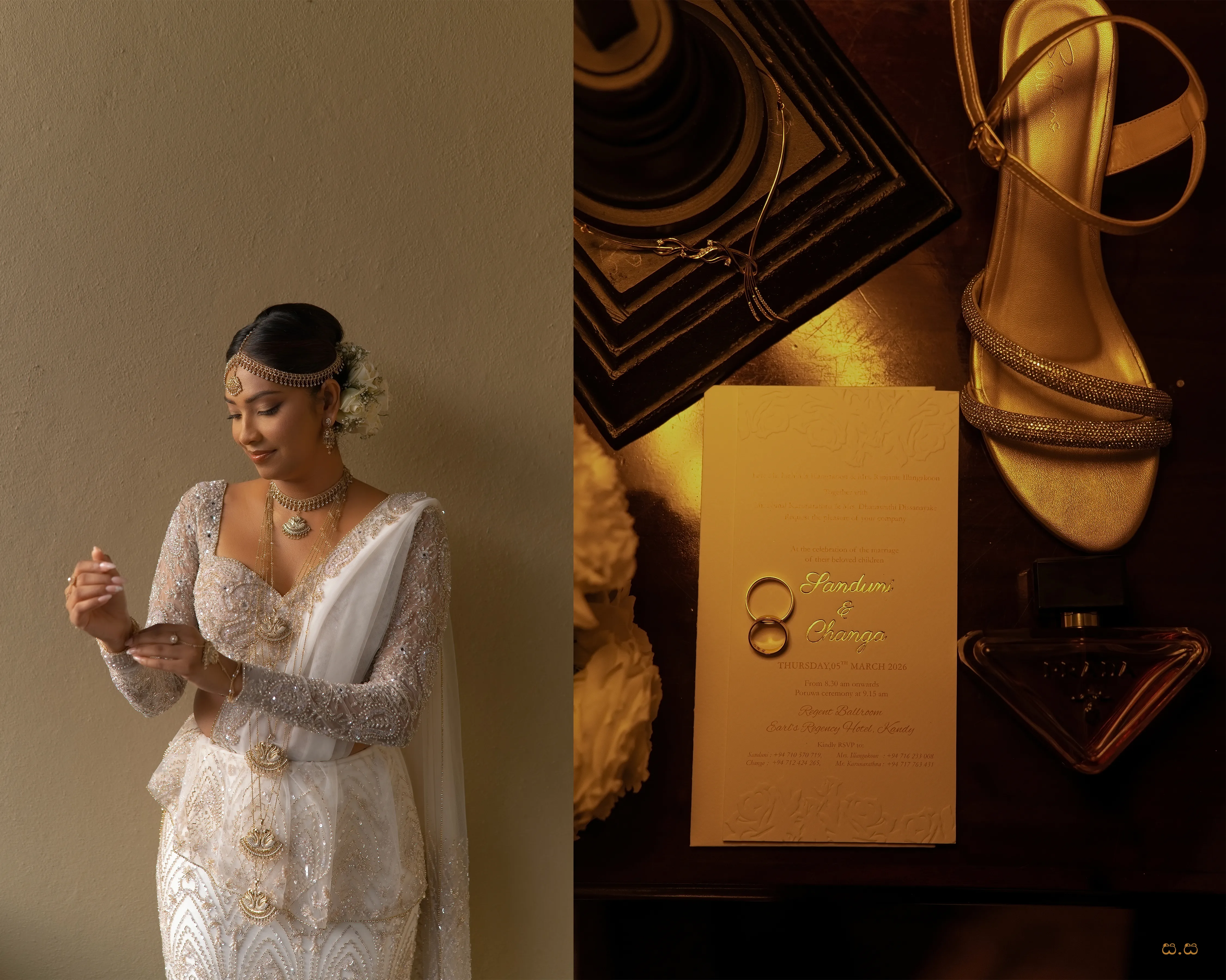 A collage preserves Sanduni’s jewelry, embroidered shoes, ring box, and portrait.