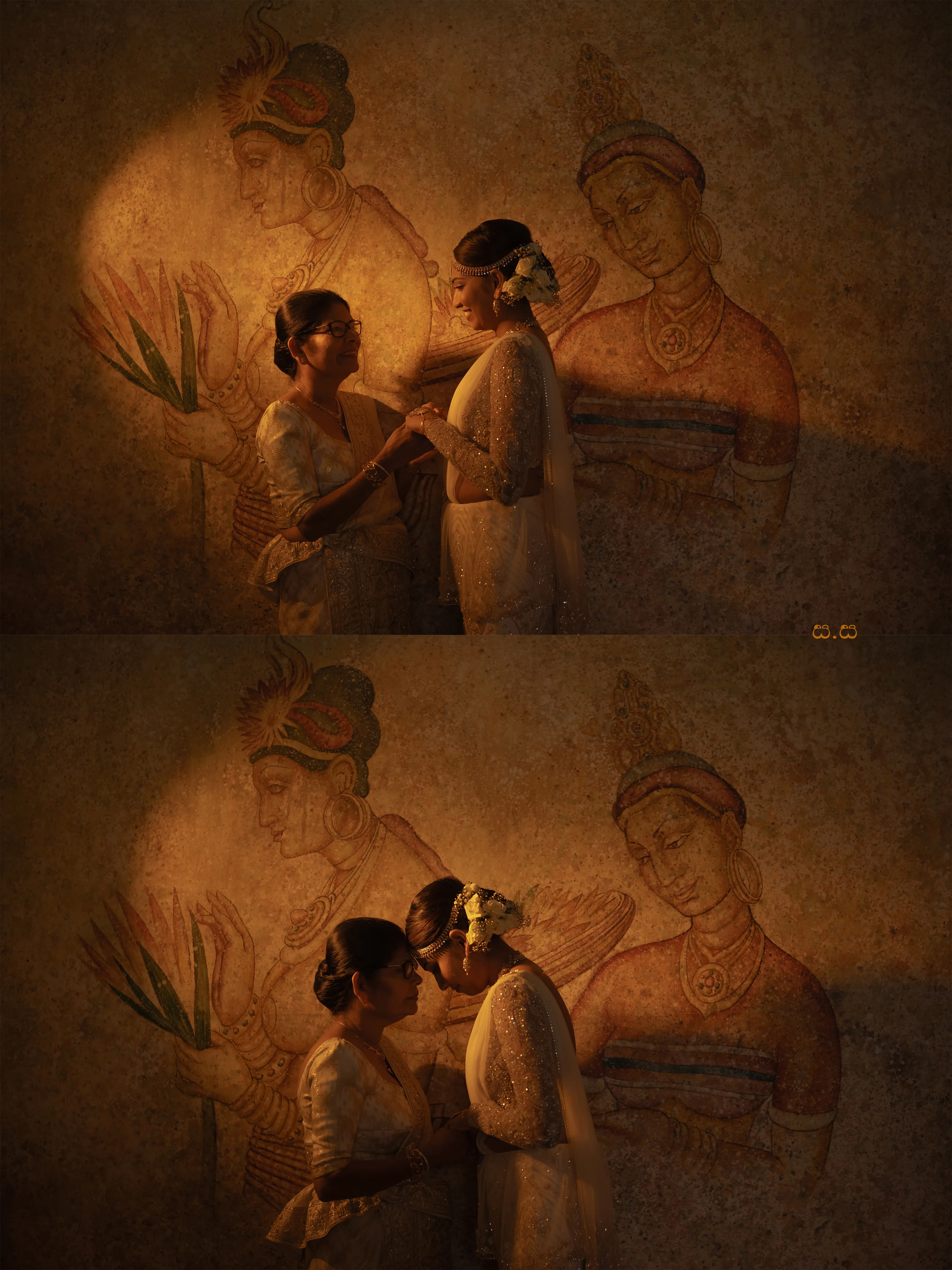 Changa and Sanduni face one another before the traditional wall painting.