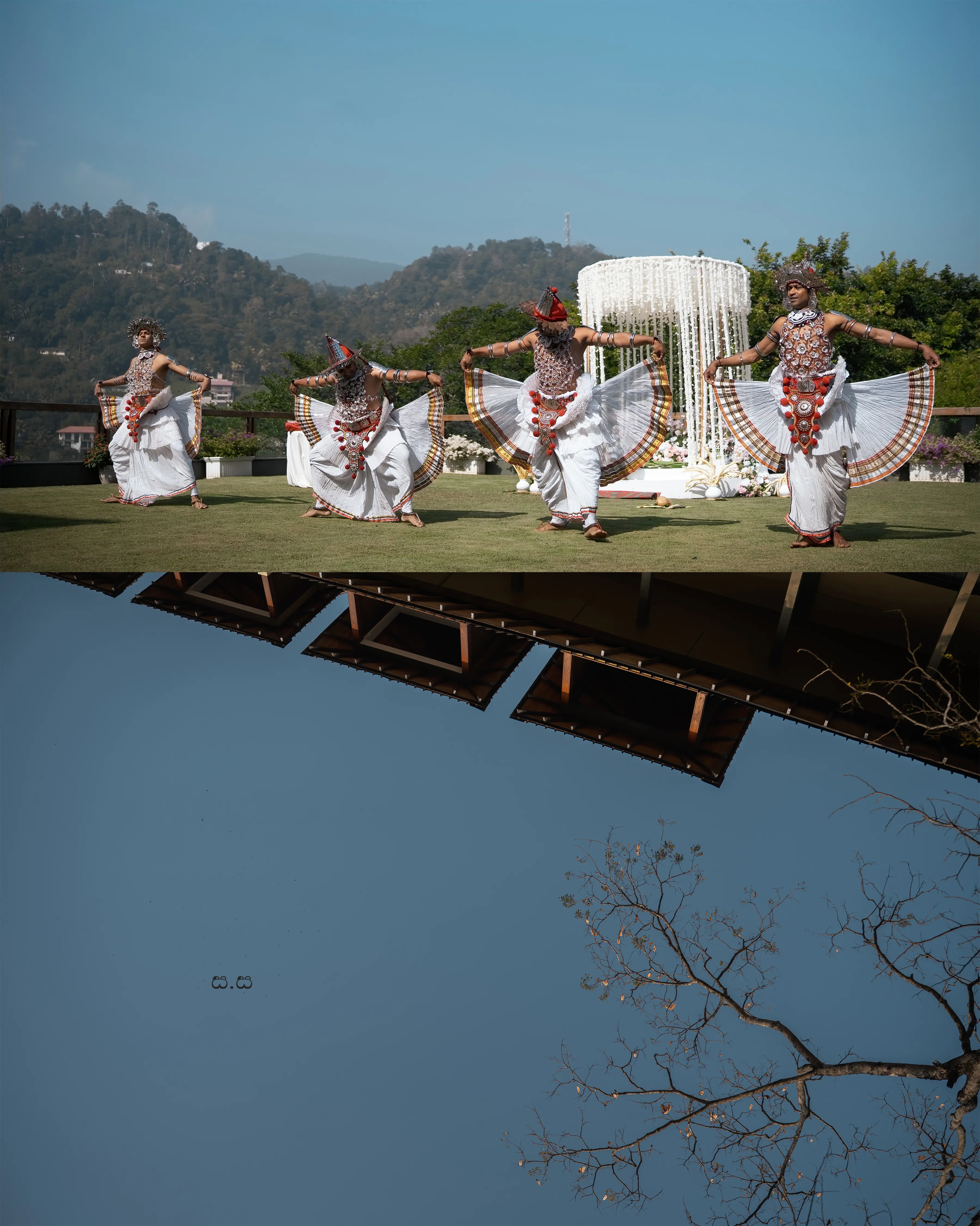 Traditional dancers perform in white and red during the outdoor ceremony.