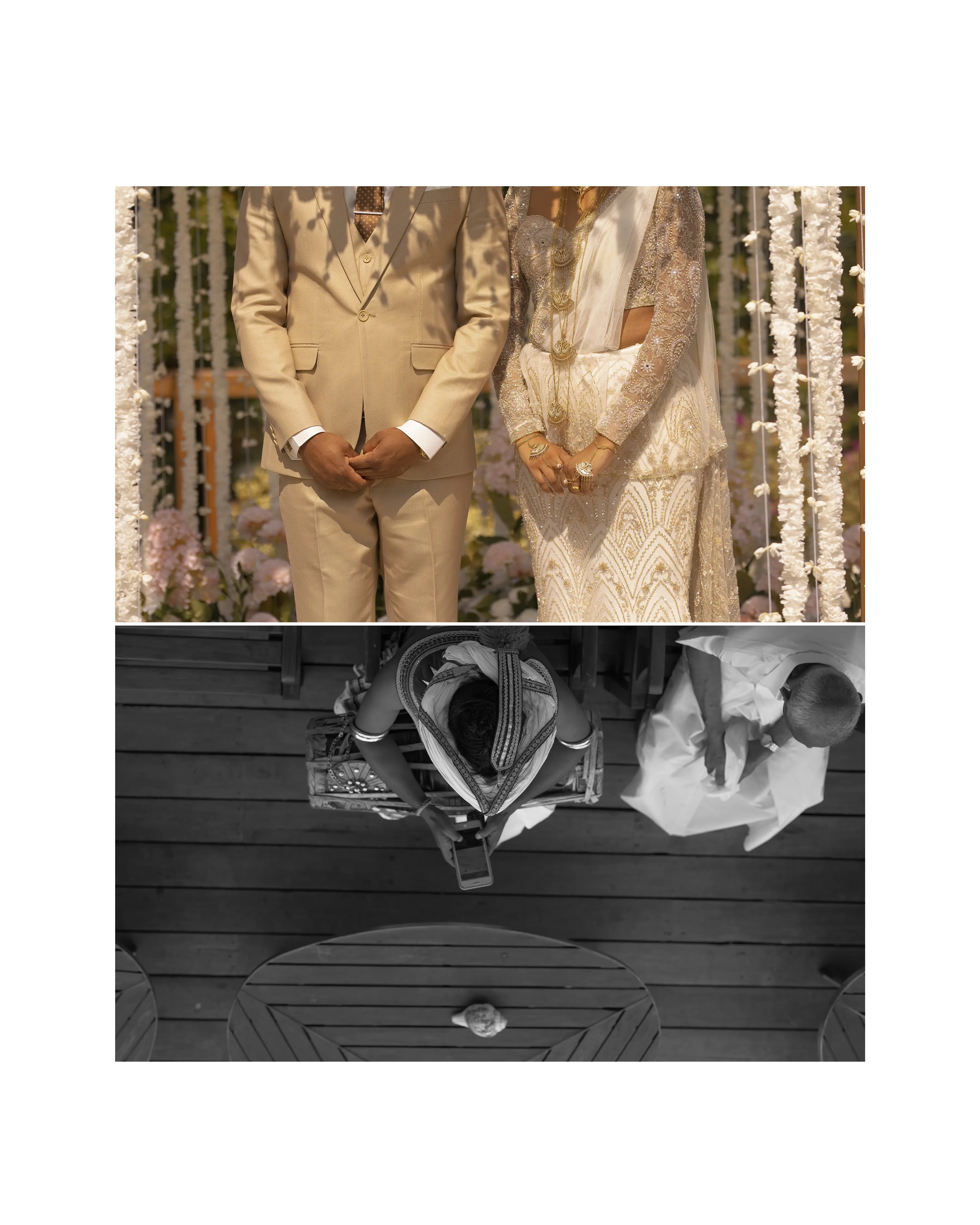 A close crop frames the couple together beneath the floral wedding structure.