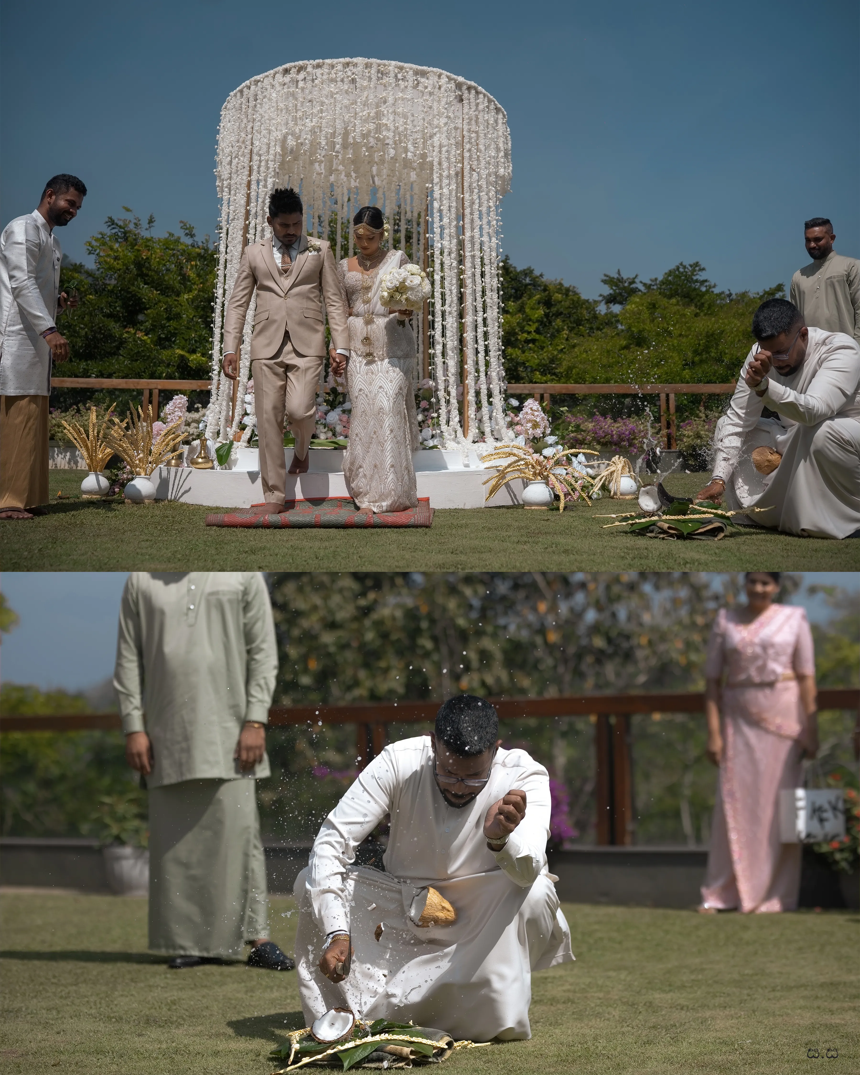Changa kneels to light a traditional brass oil lamp during the ceremony.