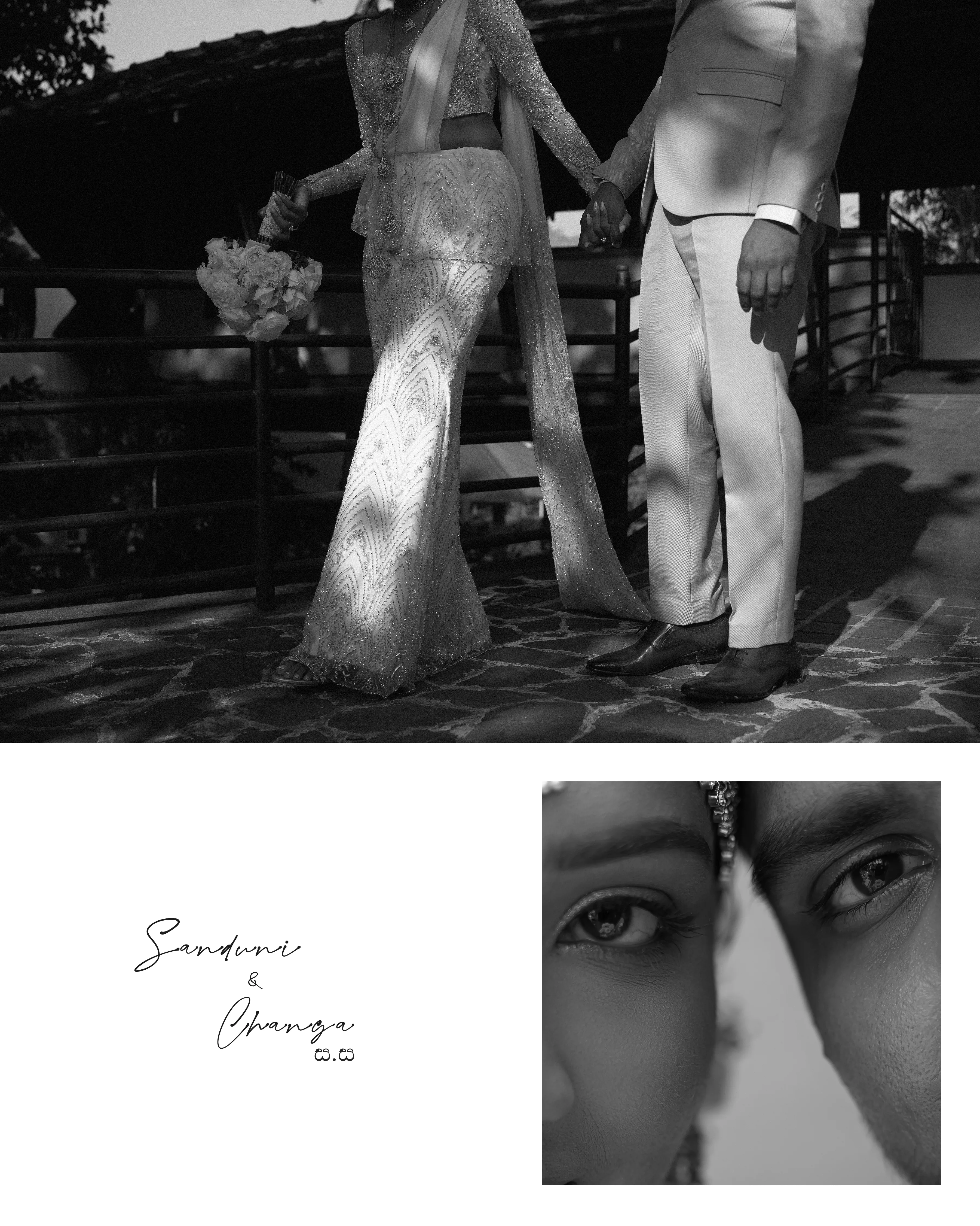 A monochrome collage pairs ceremonial details with a close portrait of Sanduni.