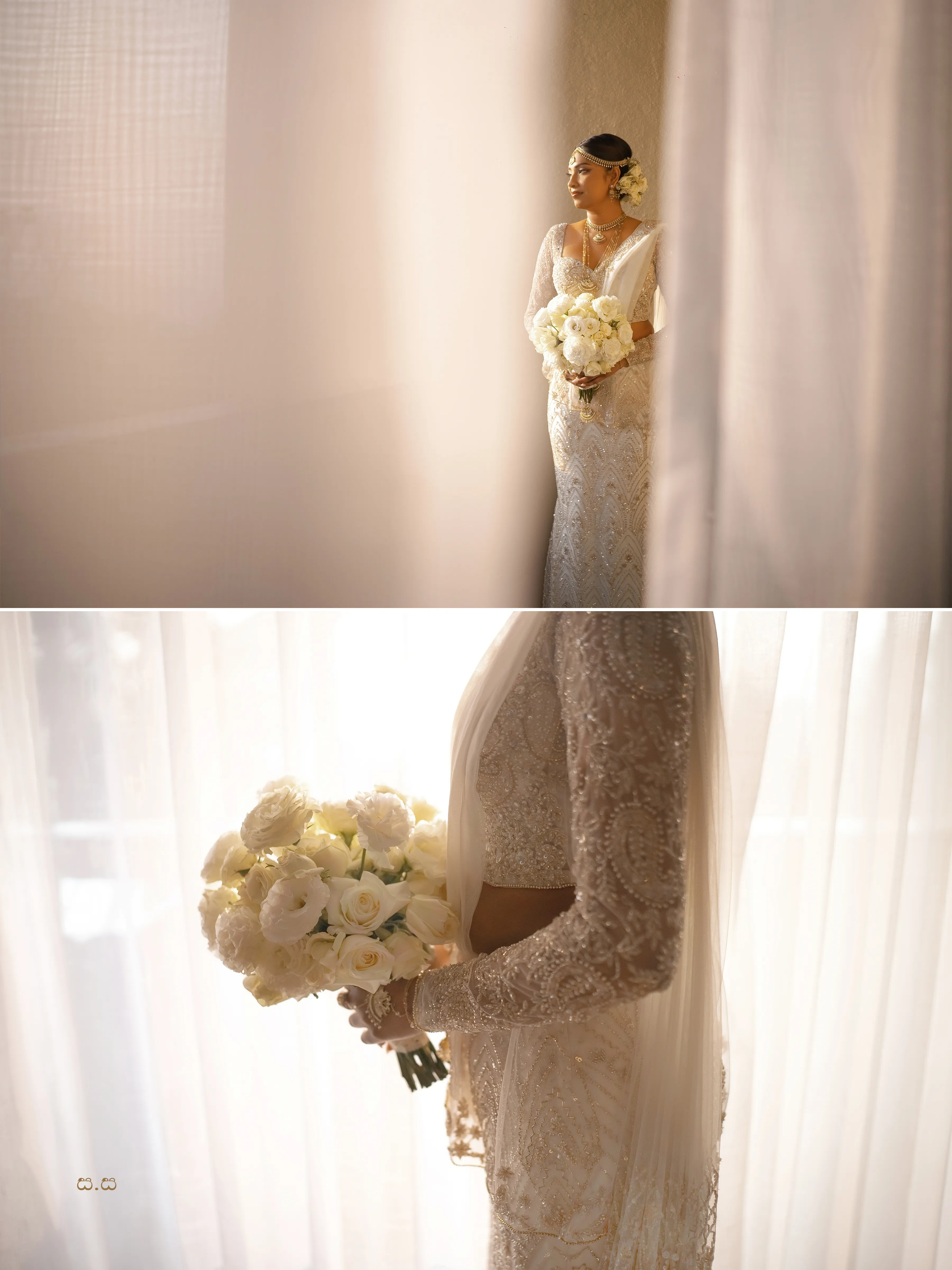 Sanduni holds white roses beside a bright curtain before the ceremony.