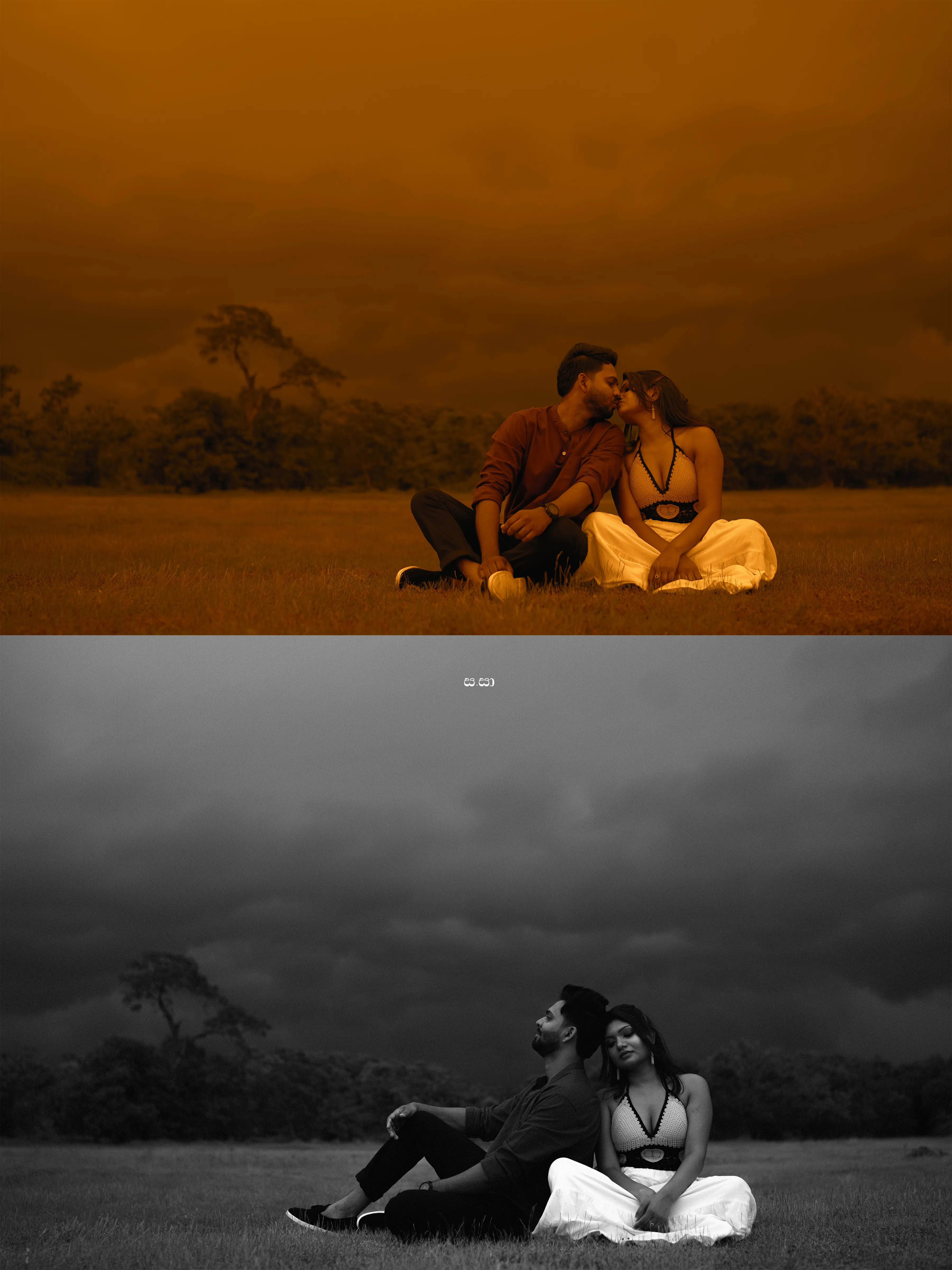 The couple sits together in the grass under a sweeping dark sky.