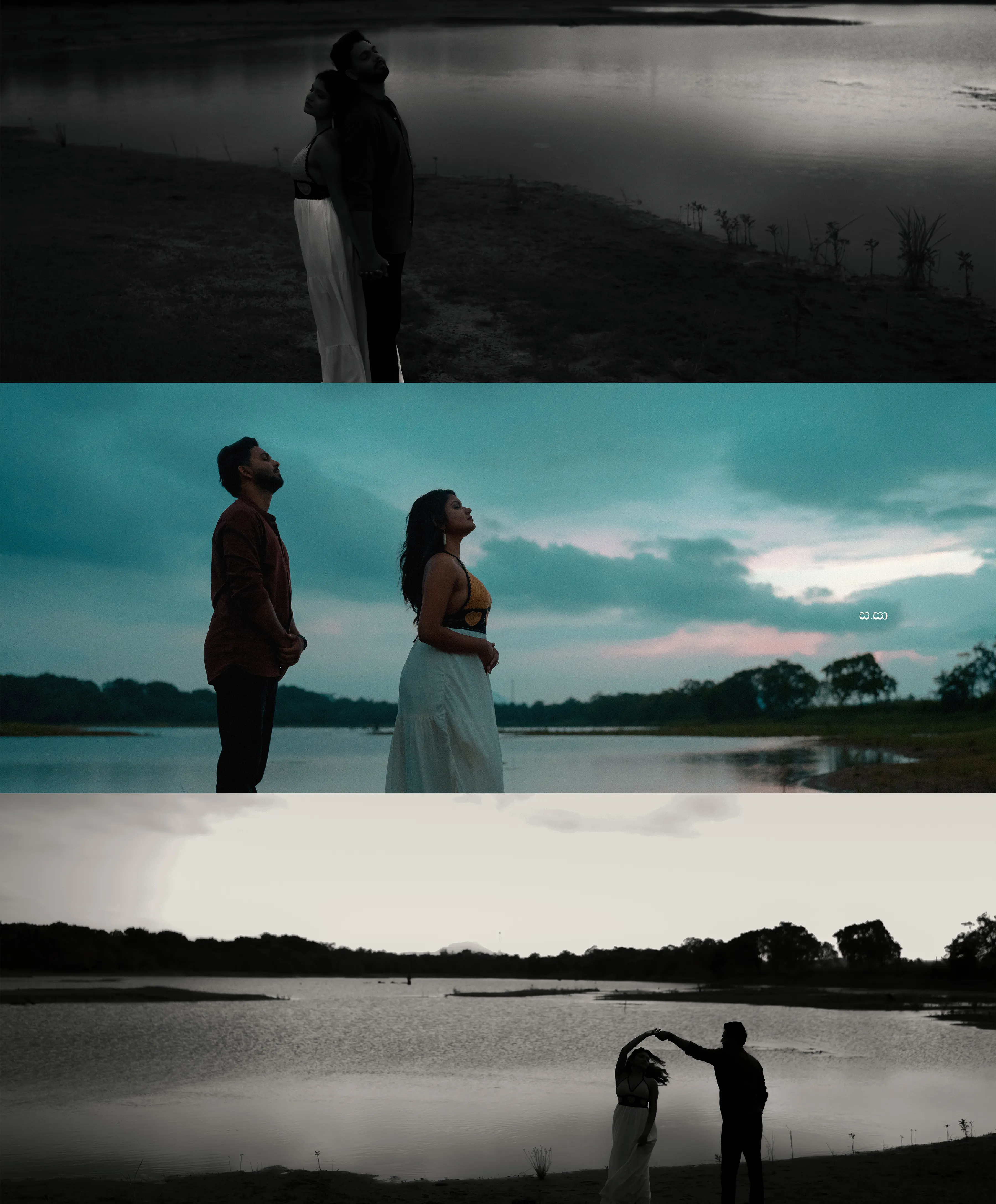 A collage silhouettes the couple against still water and a teal evening horizon.