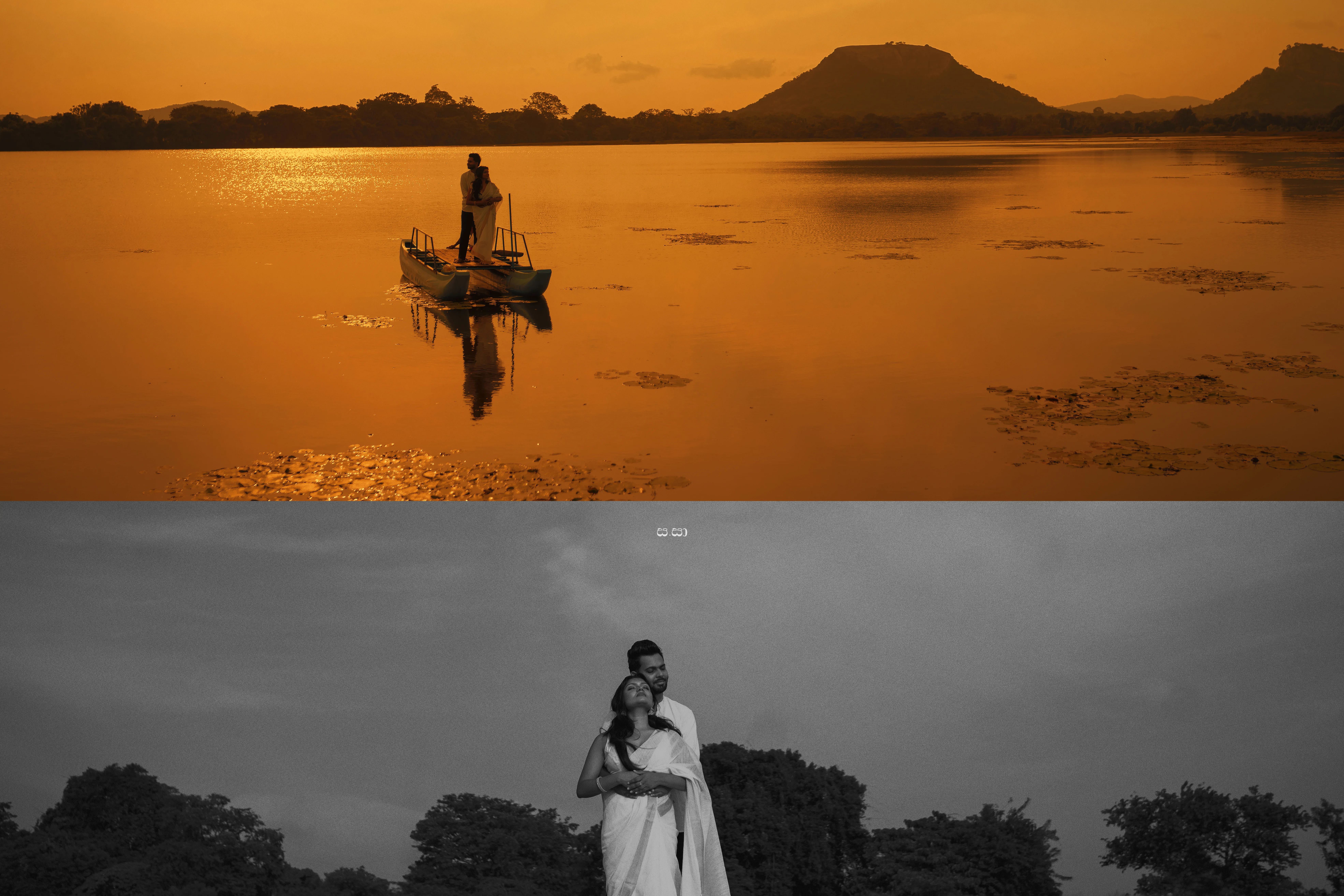 An aerial lake view and monochrome portrait tell two sides of the quiet boat ride.