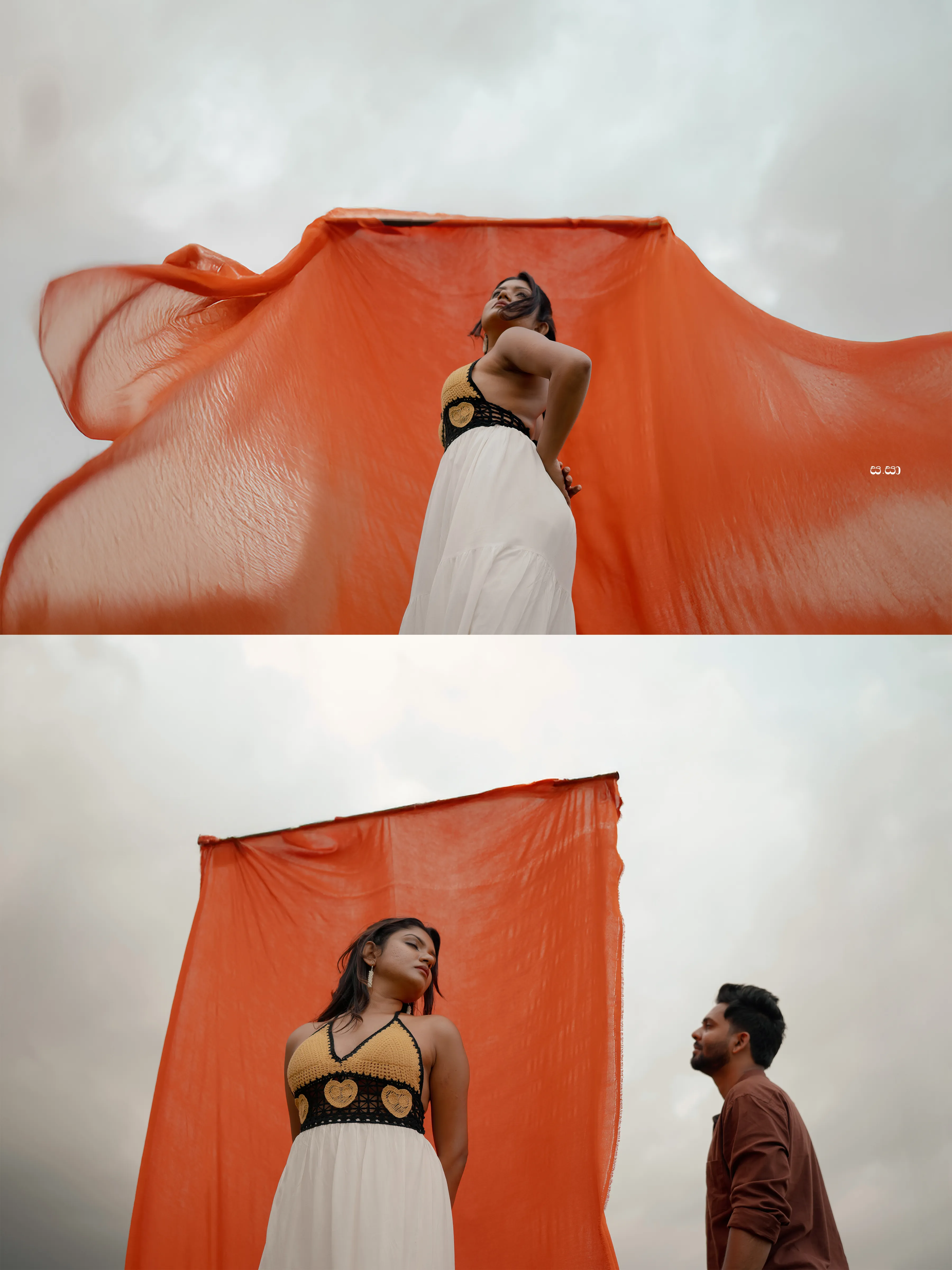Rust-colored fabric moves through the frame in a bold lakeside editorial study.