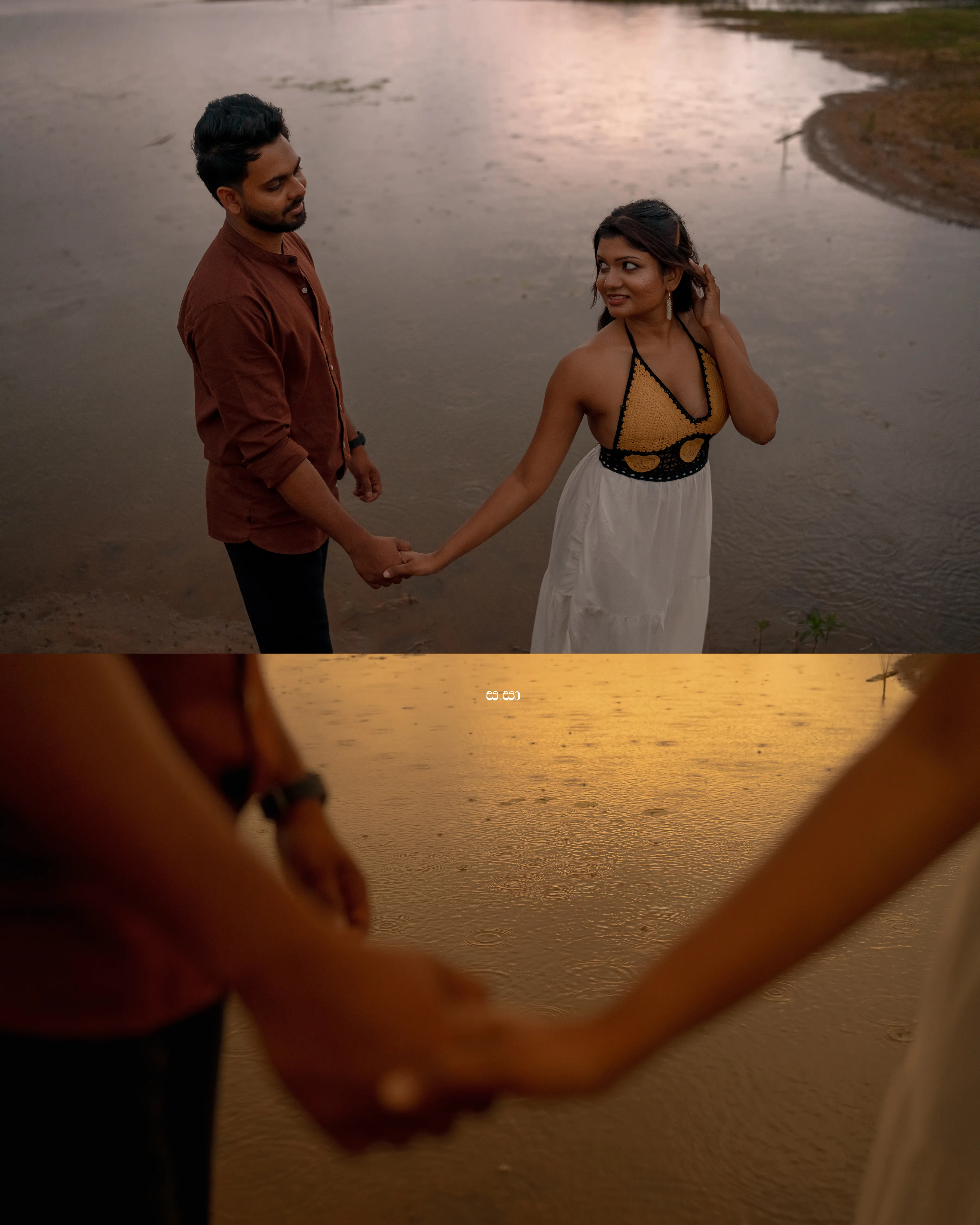 Charith and Lakshani stand together on the shore beneath a muted sky.