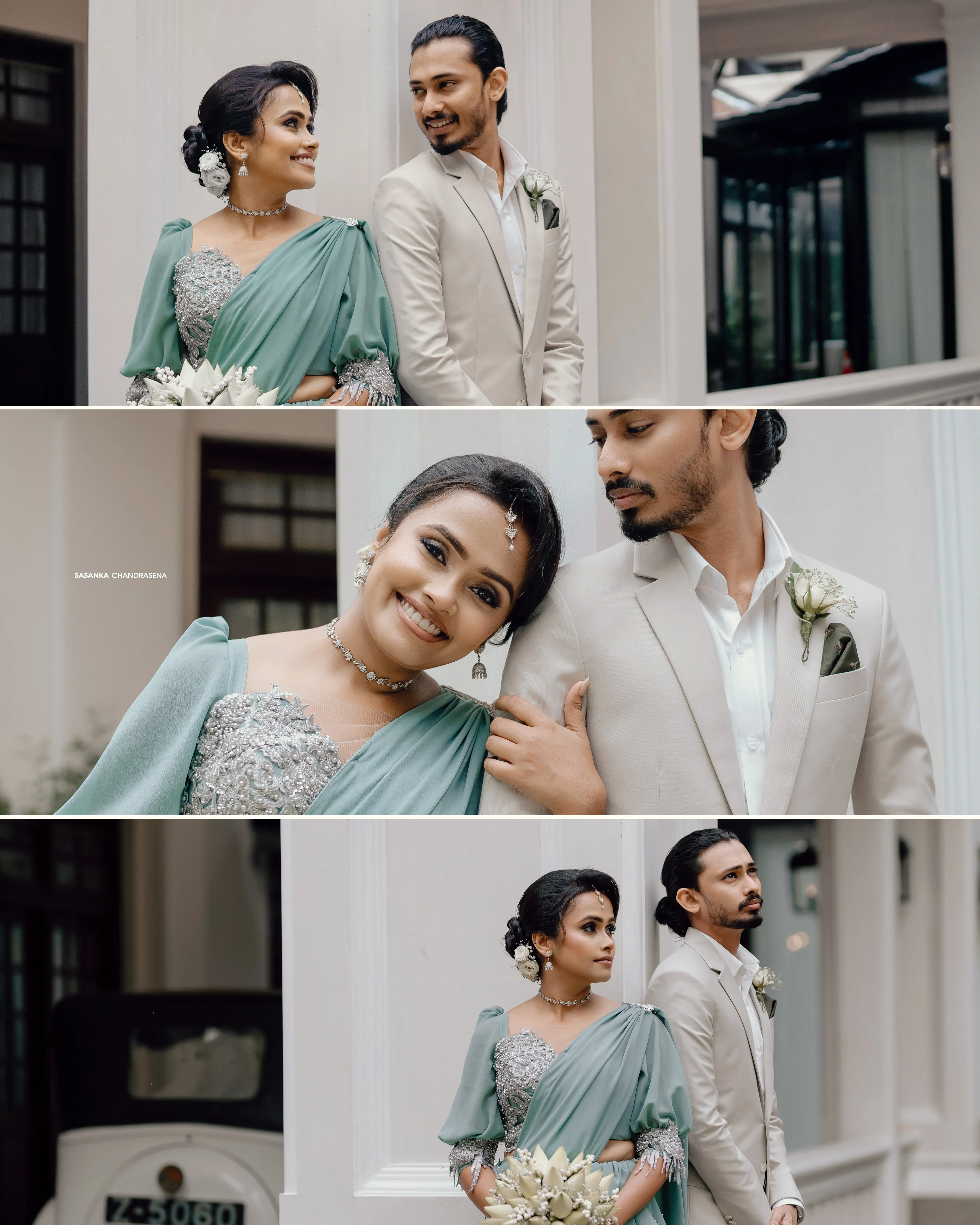 A collage preserves affectionate portraits with the couple and their family.