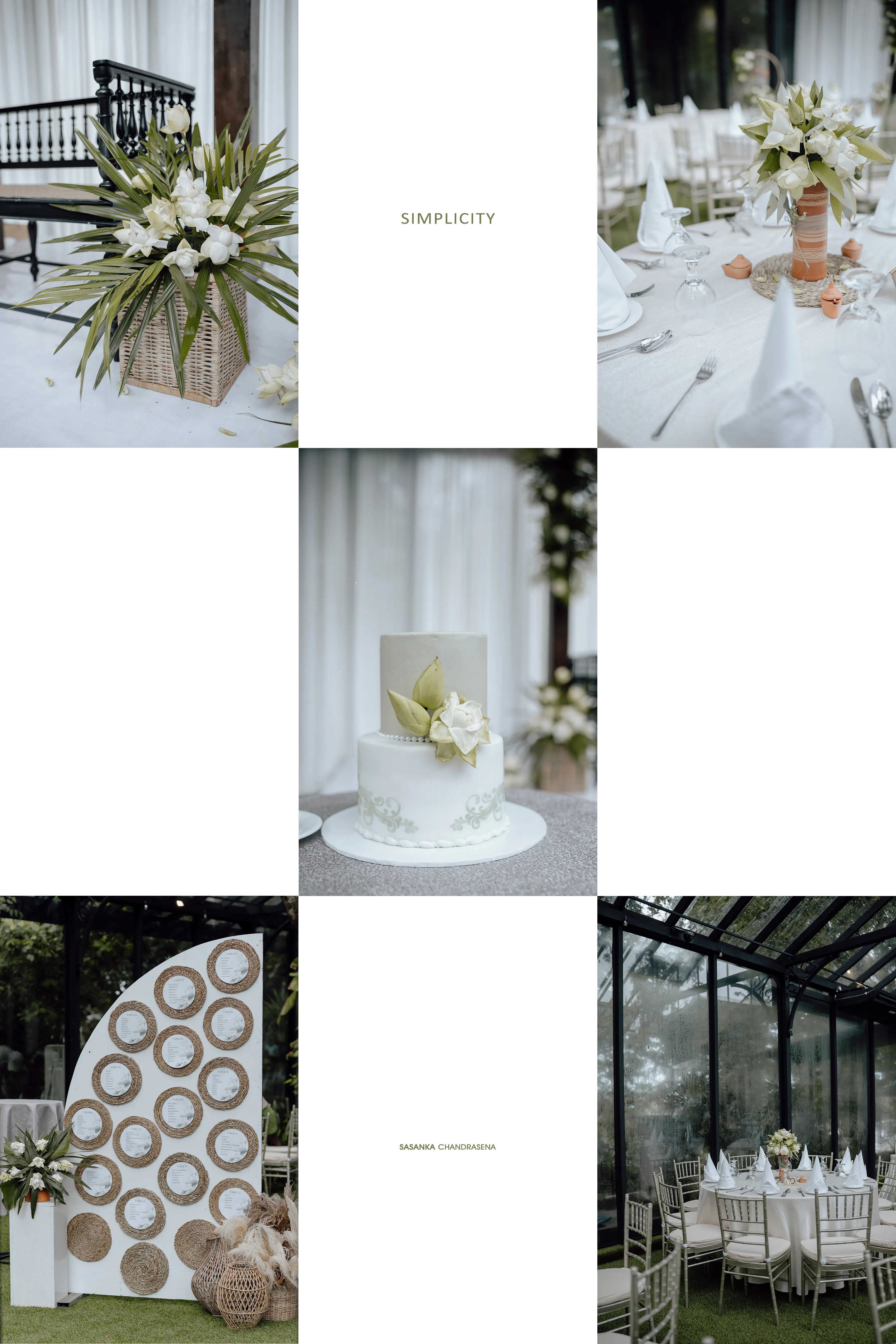 A collage captures the white cake, circular backdrop, and glasshouse reception table.