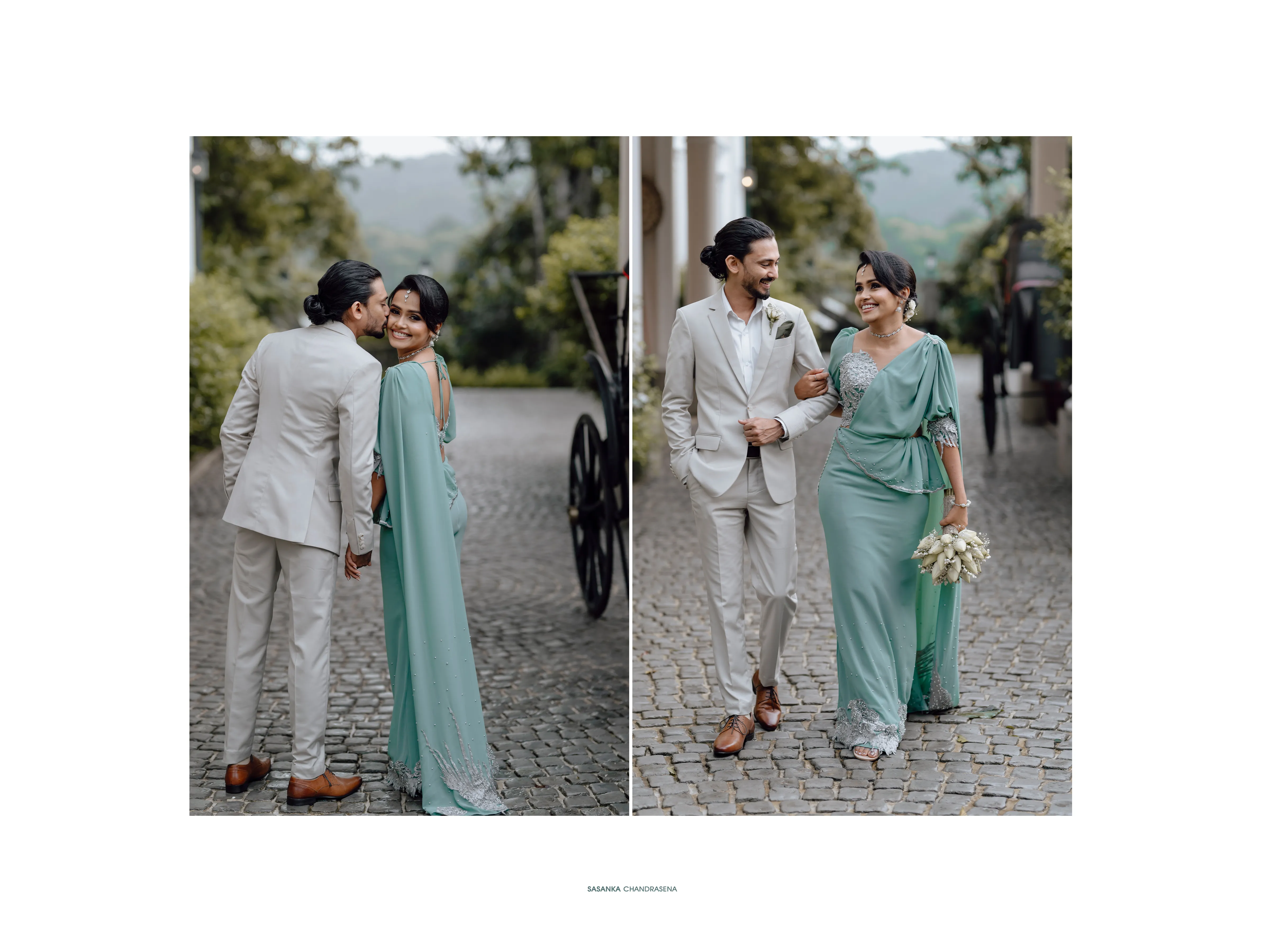 A four-frame sequence follows the couple walking through the villa garden.
