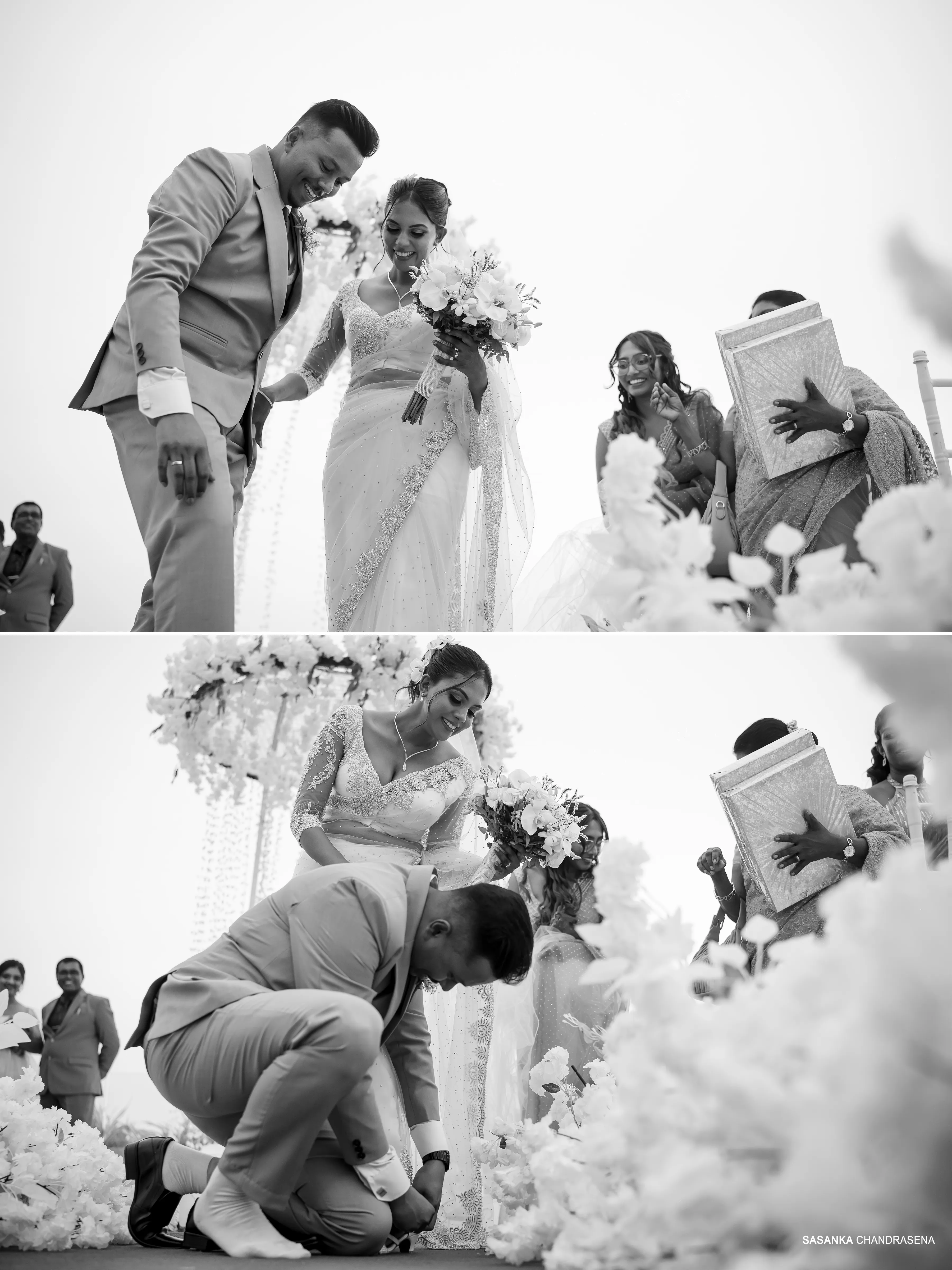 The newlyweds share a traditional ceremonial moment as family gathers around them.
