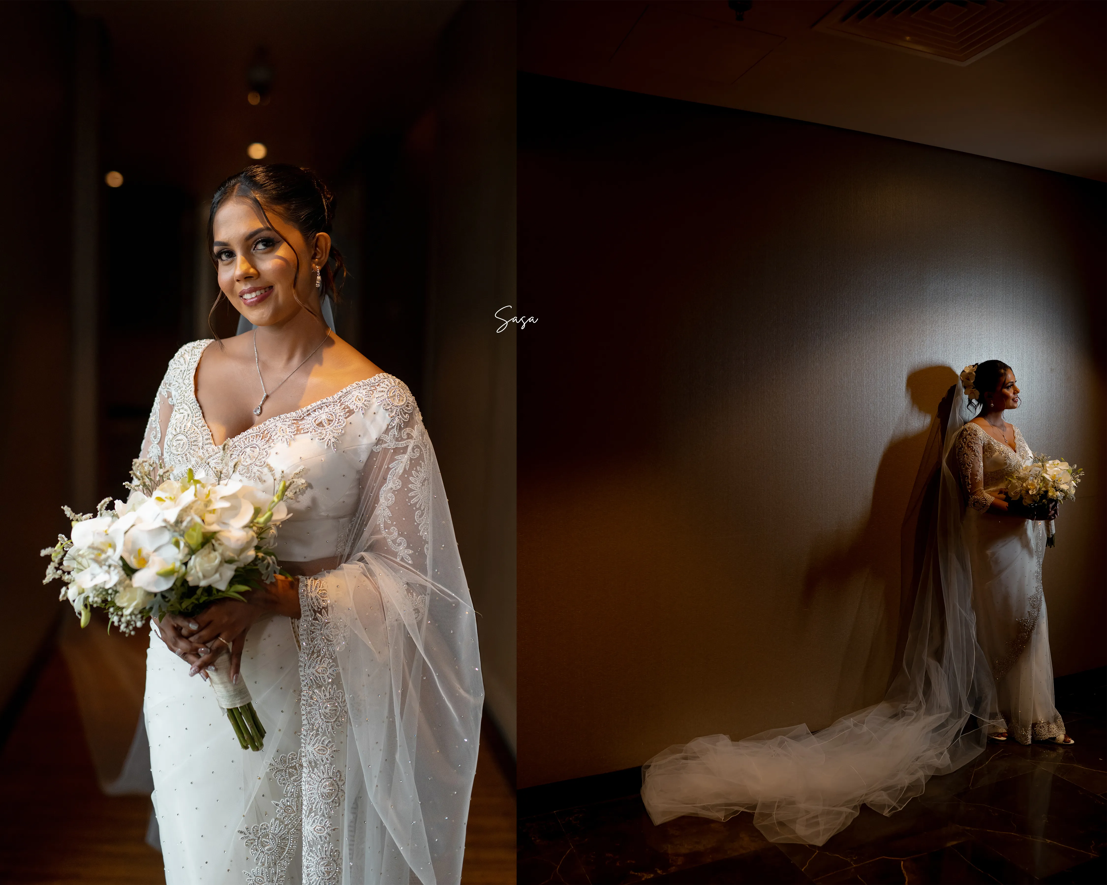 A paired portrait shows Harindi with her bouquet and beside a softly lit window.