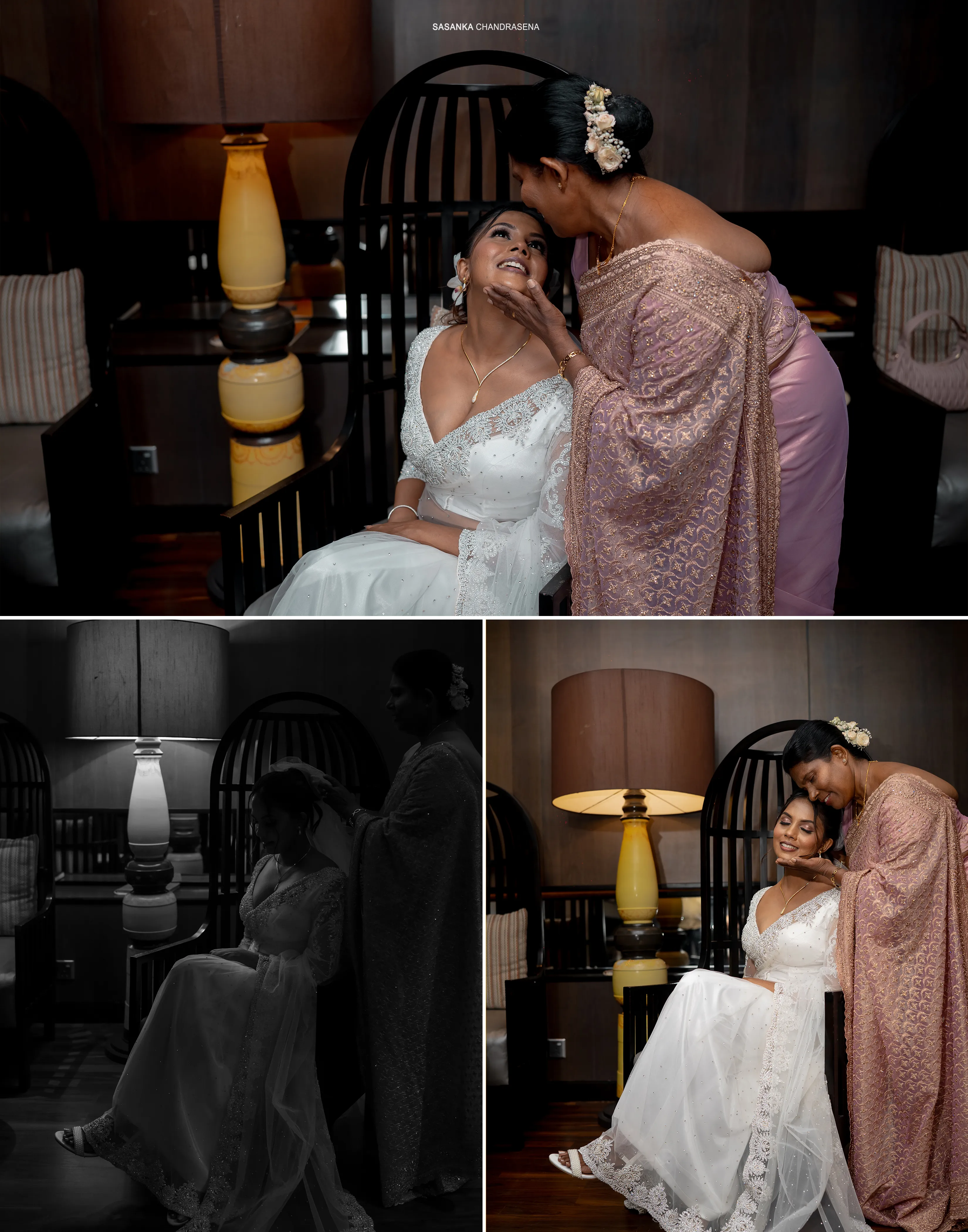A monochrome collage captures quiet getting-ready moments shared with a loved one.