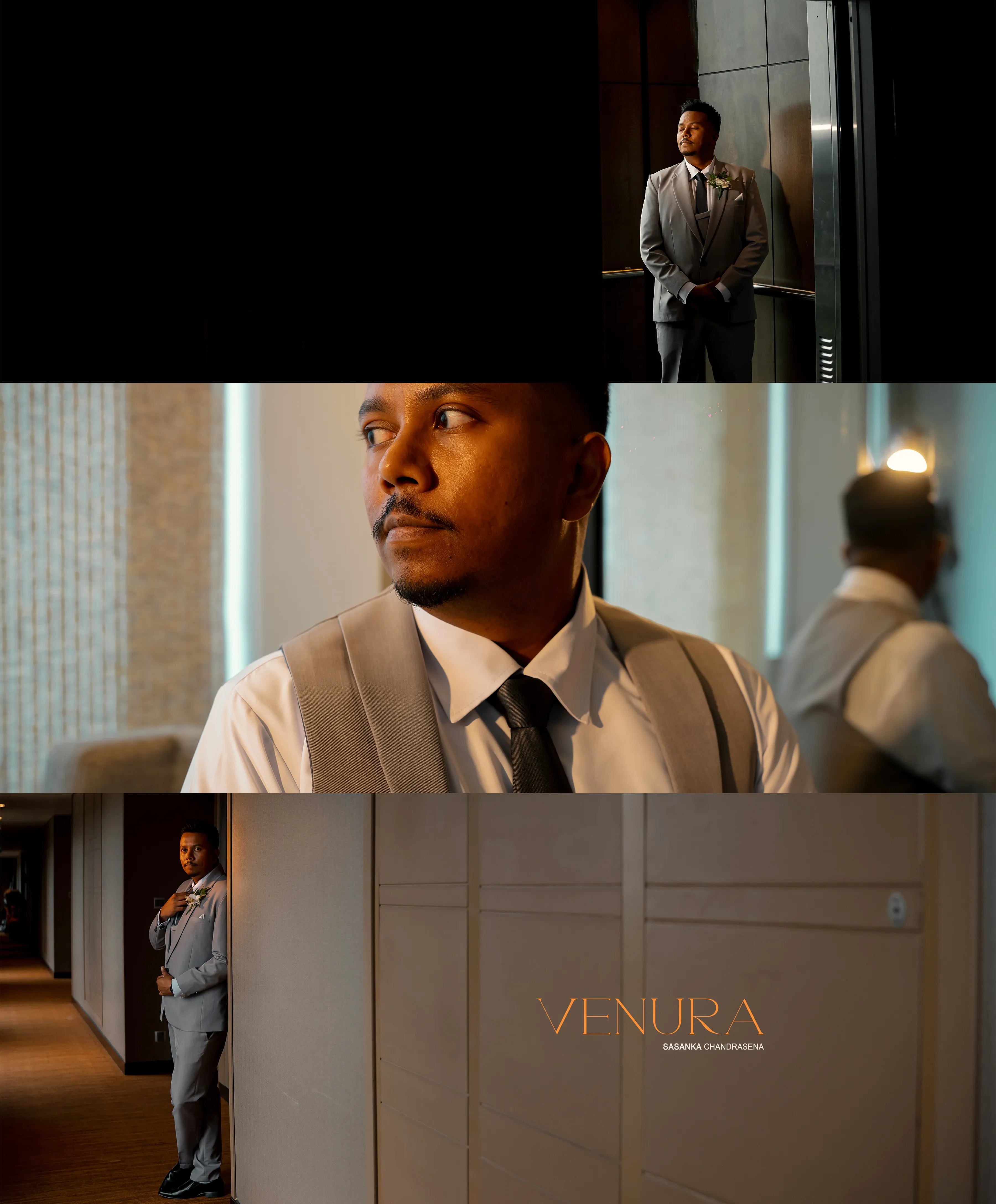 A warm collage follows Venura dressing and pausing by the hotel window.