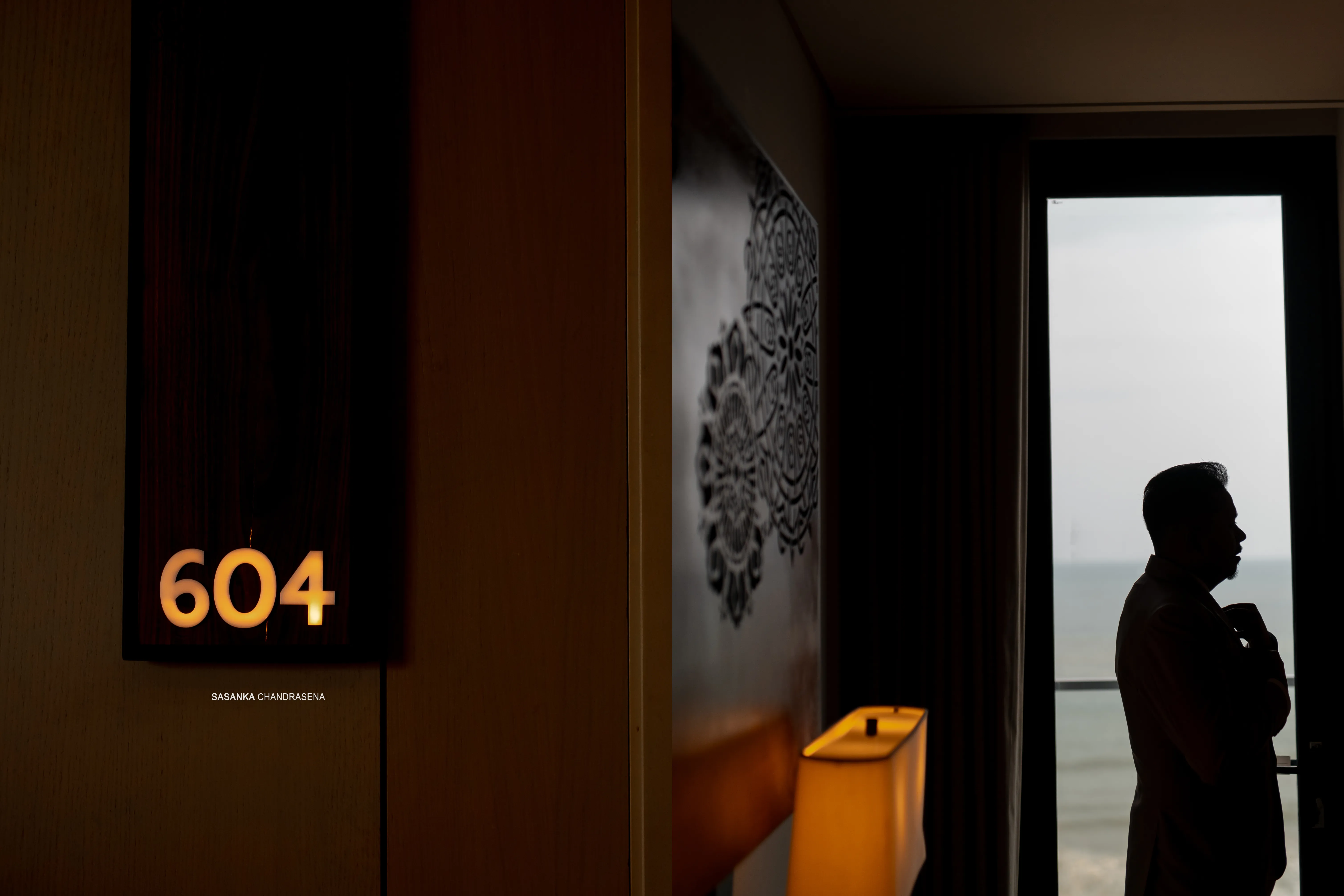 A cinematic collage places Harindi’s silhouette in the doorway of her hotel room.