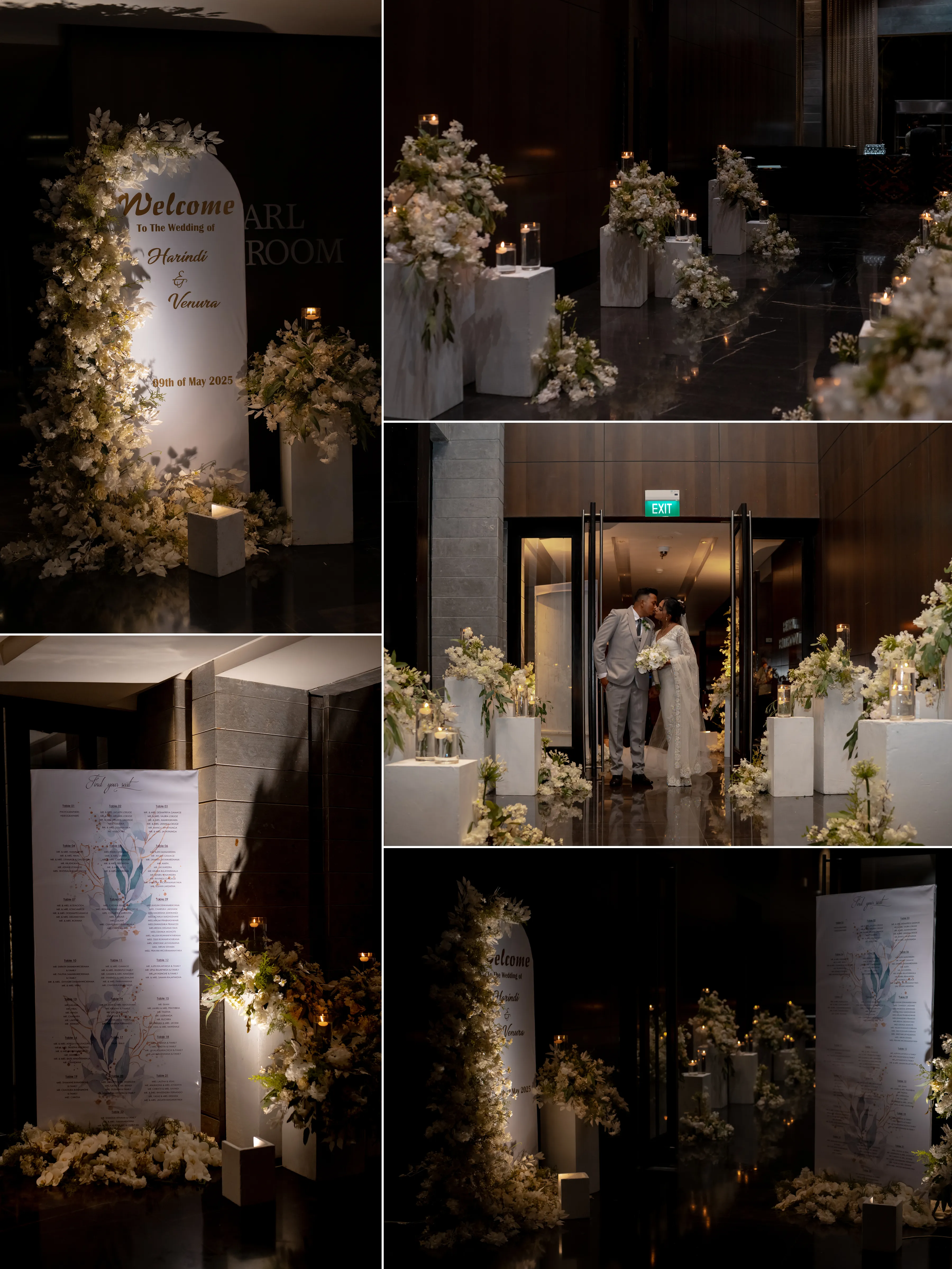 White flowers, candles, and illustrated signage shape the seaside ceremony setting.