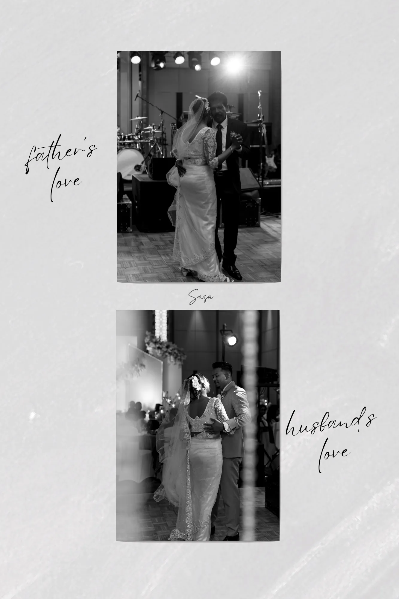 A black-and-white story collage preserves laughter, movement, and wedding-day embraces.