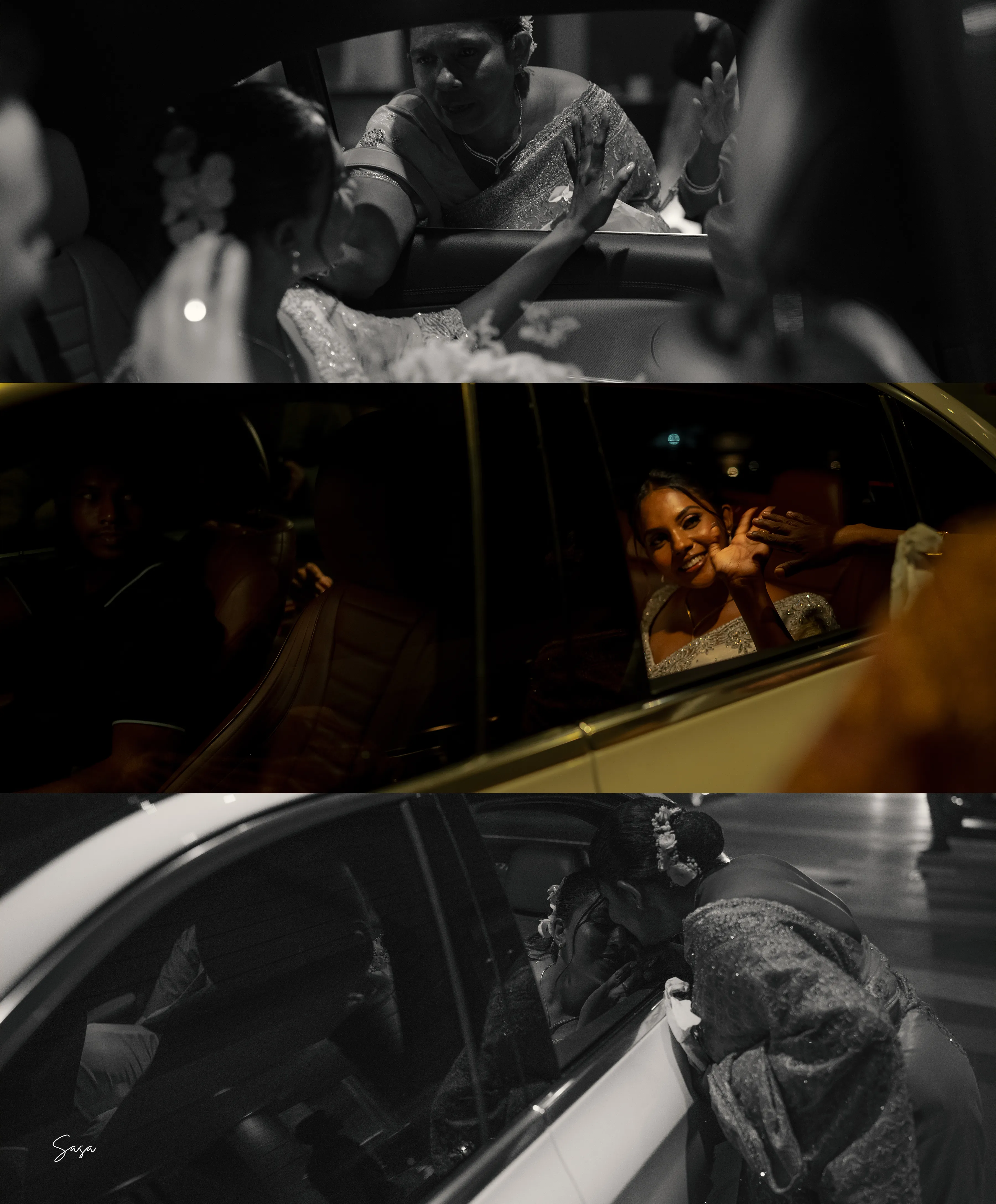 Family helps Harindi into the car at the close of the wedding day.