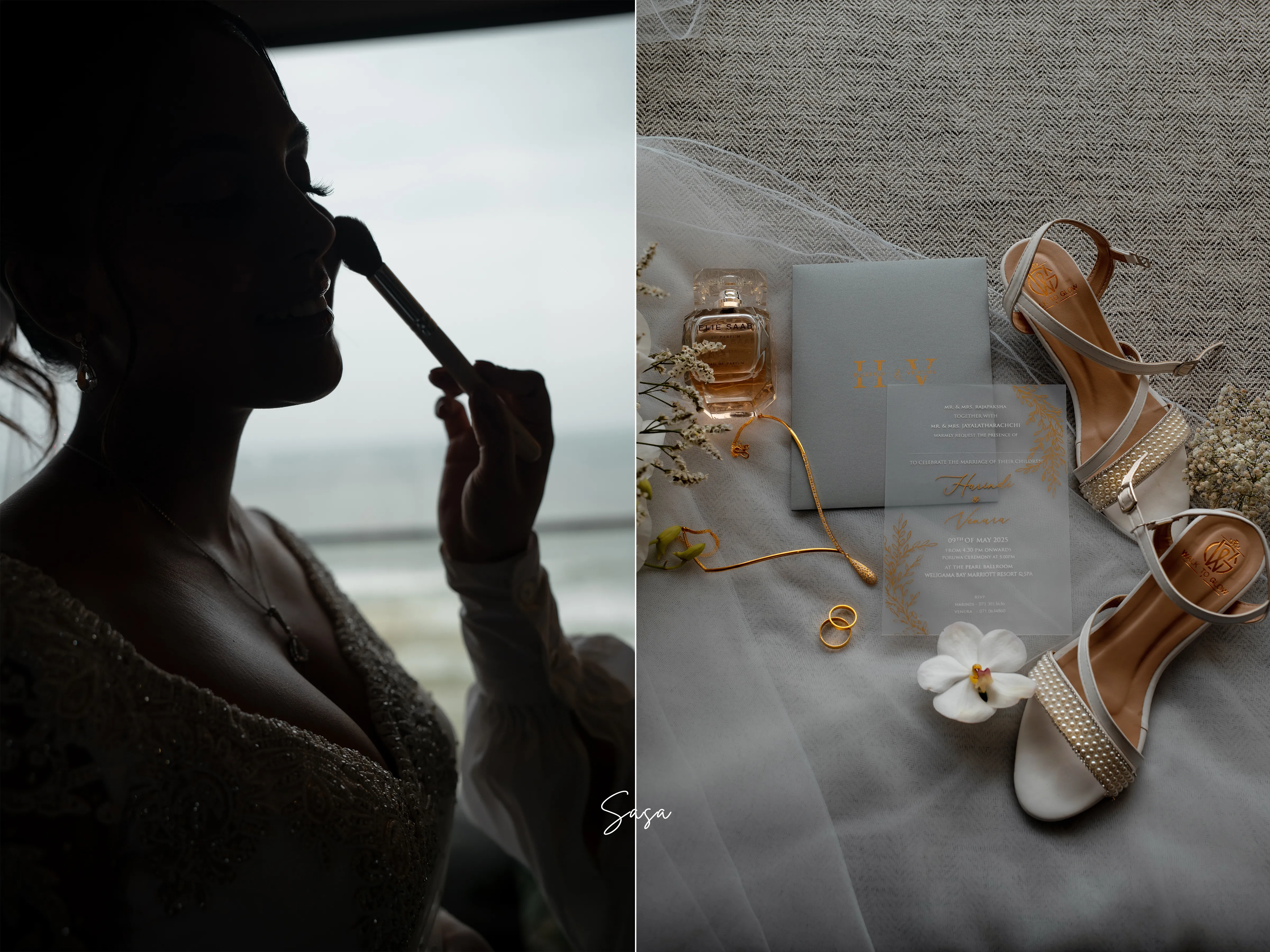 A collage pairs Harindi’s silhouette with perfume, jewelry, shoes, and stationery.
