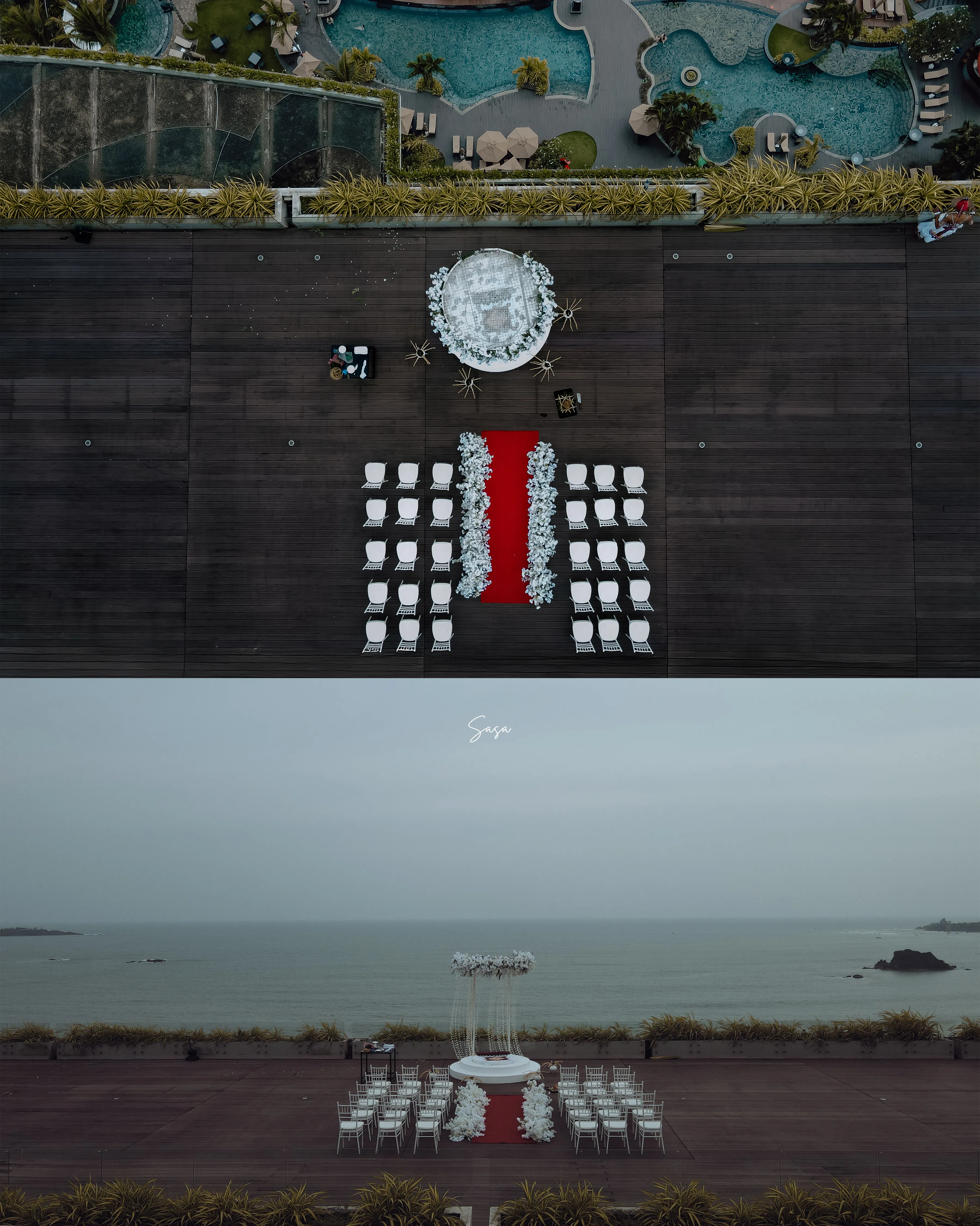 A graphic collage joins ceremonial details with the calm horizon and offshore islet.