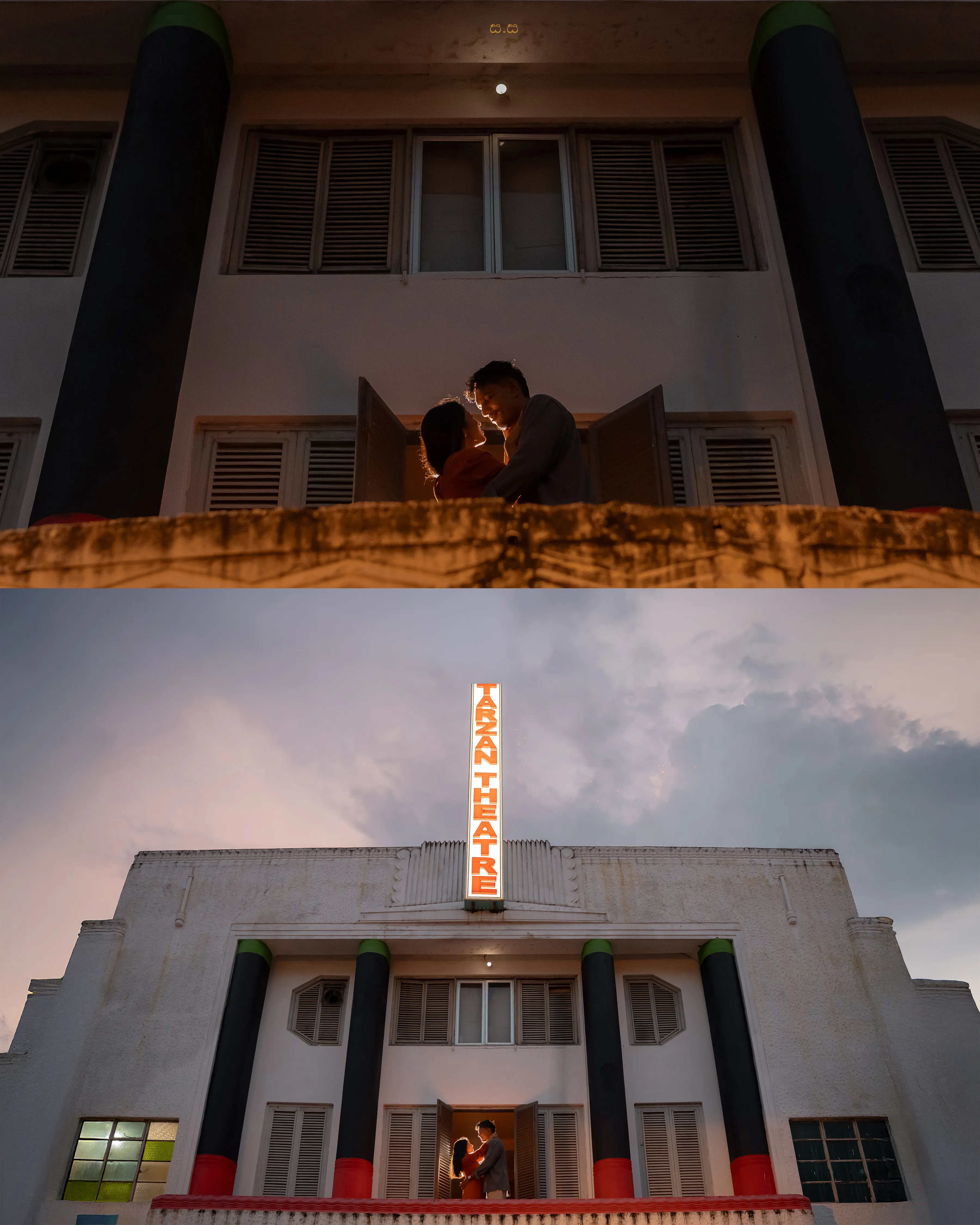 The couple appears beneath the facade and neon sign of the old theatre.
