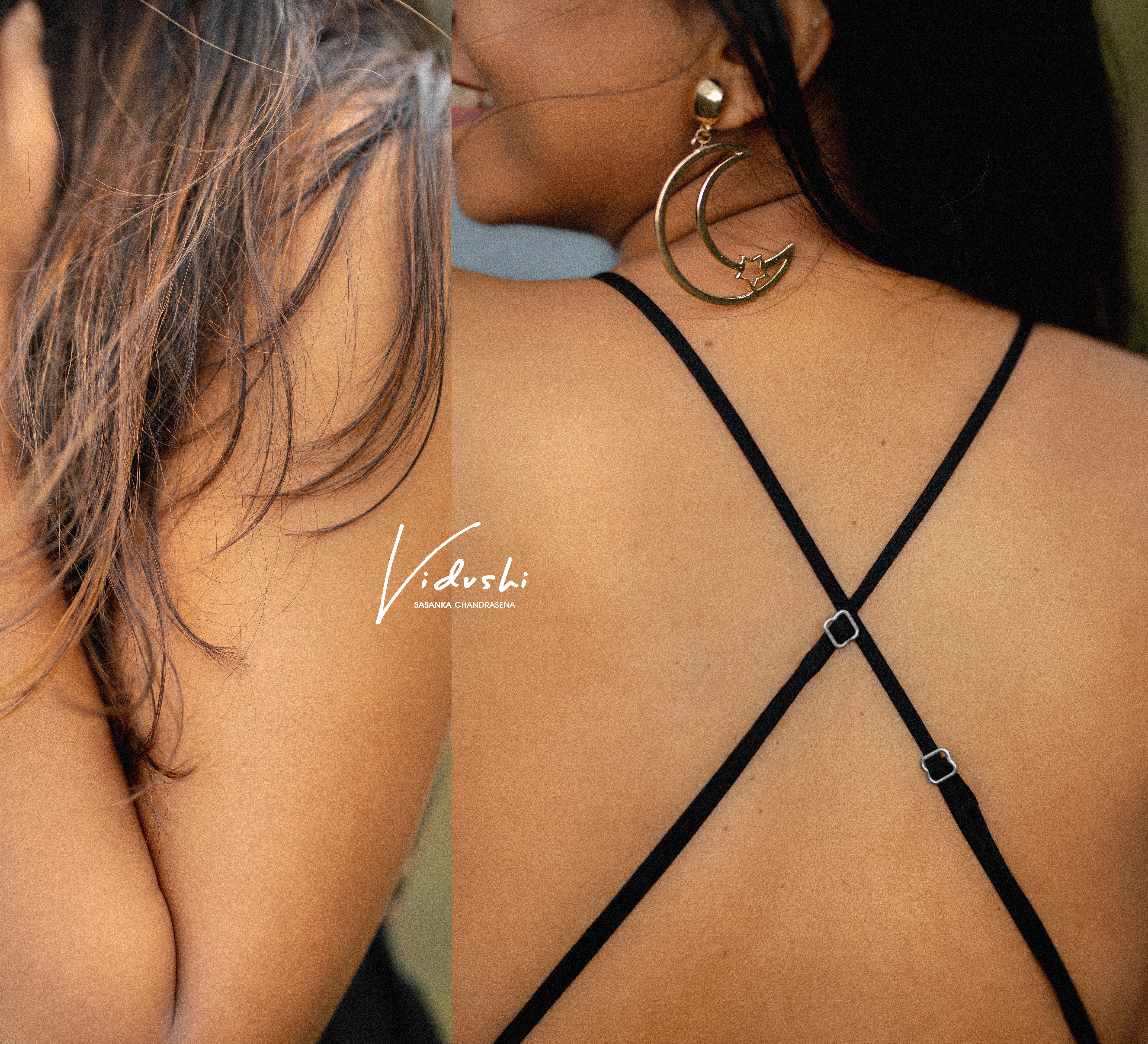 A minimal close-up frames the jewelry and lines of Vidushi’s black dress.
