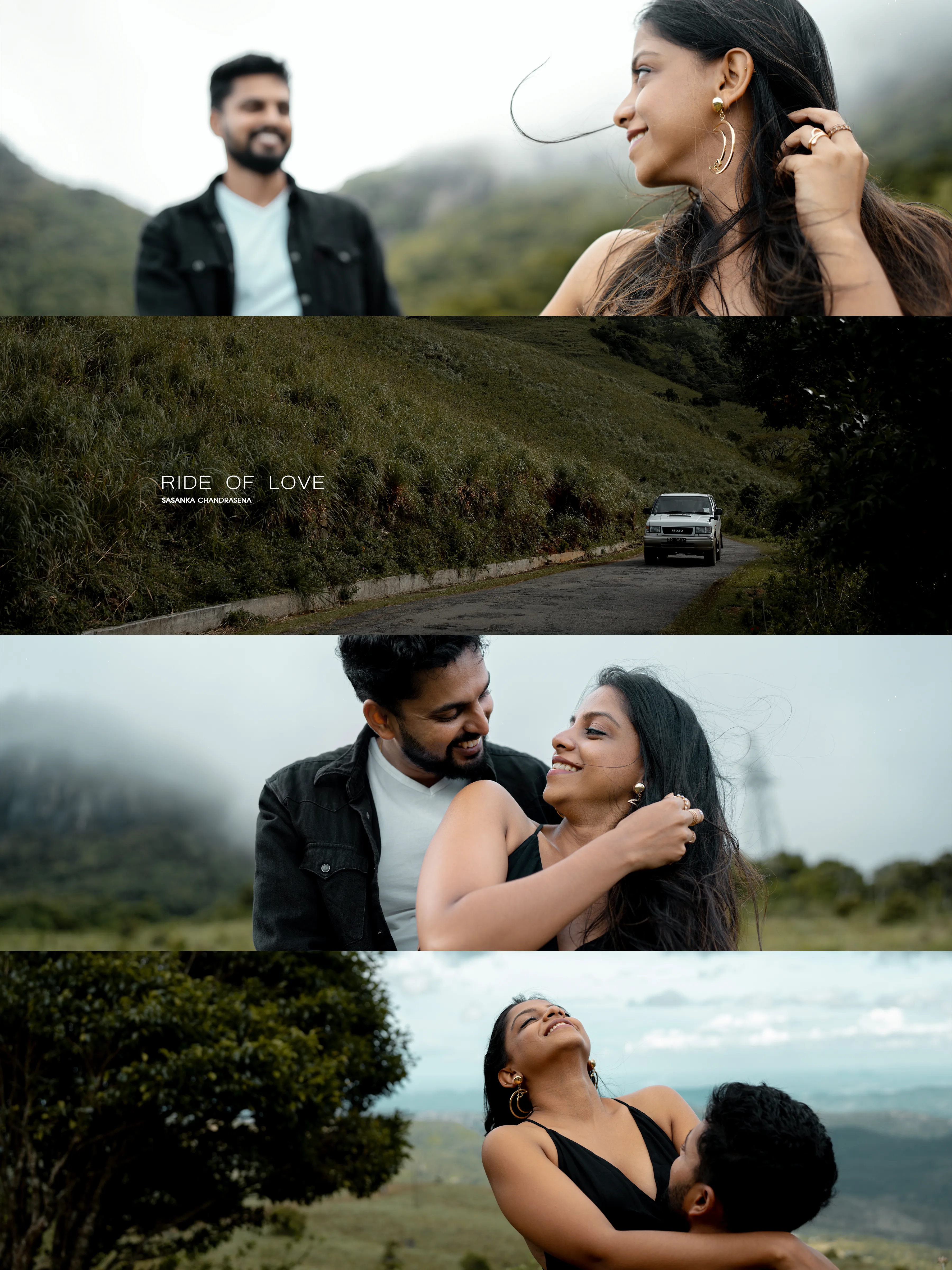 A two-frame story captures the couple laughing beneath dramatic clouds.