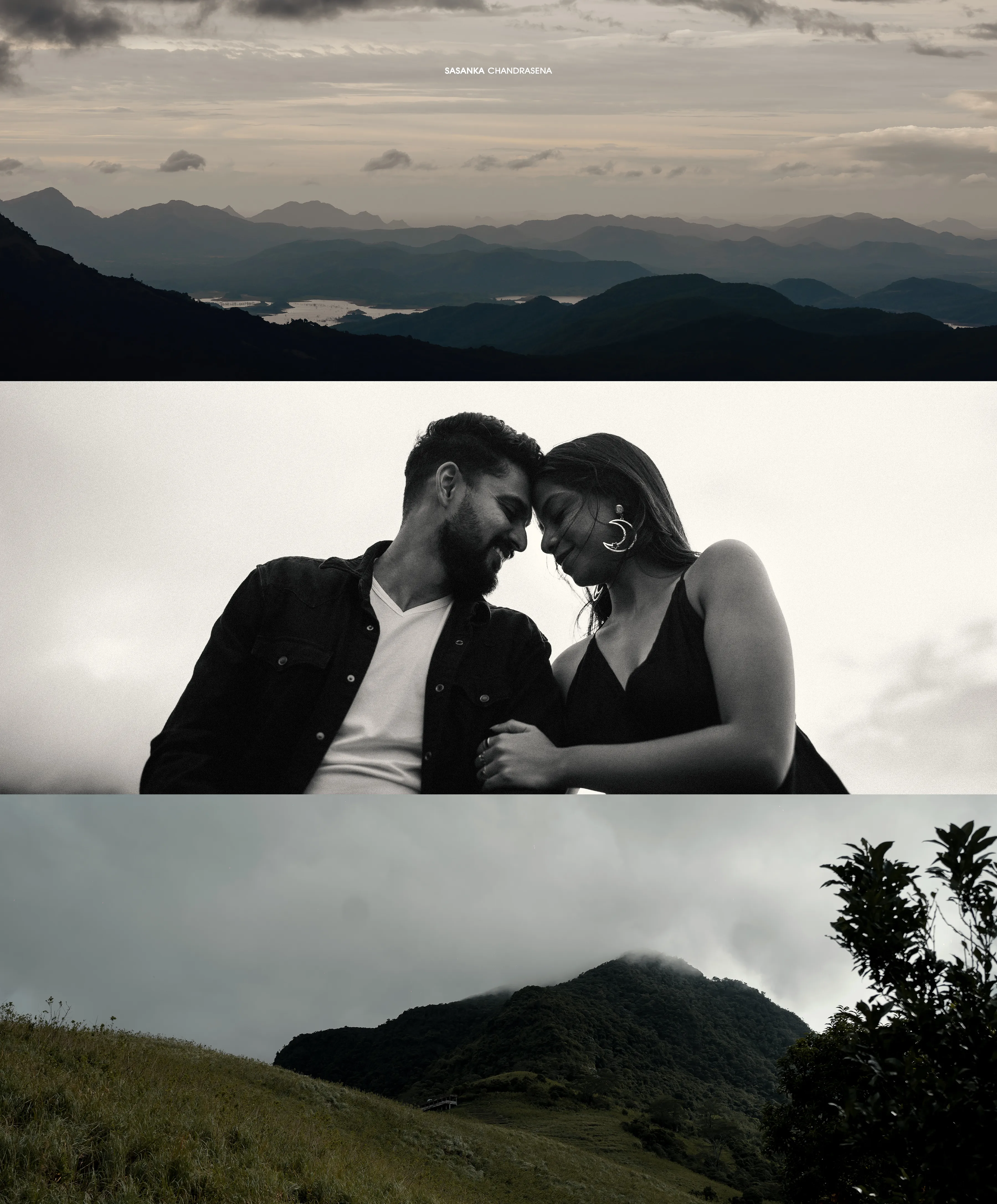 A collage pairs layered ridgelines with an intimate portrait of the couple.