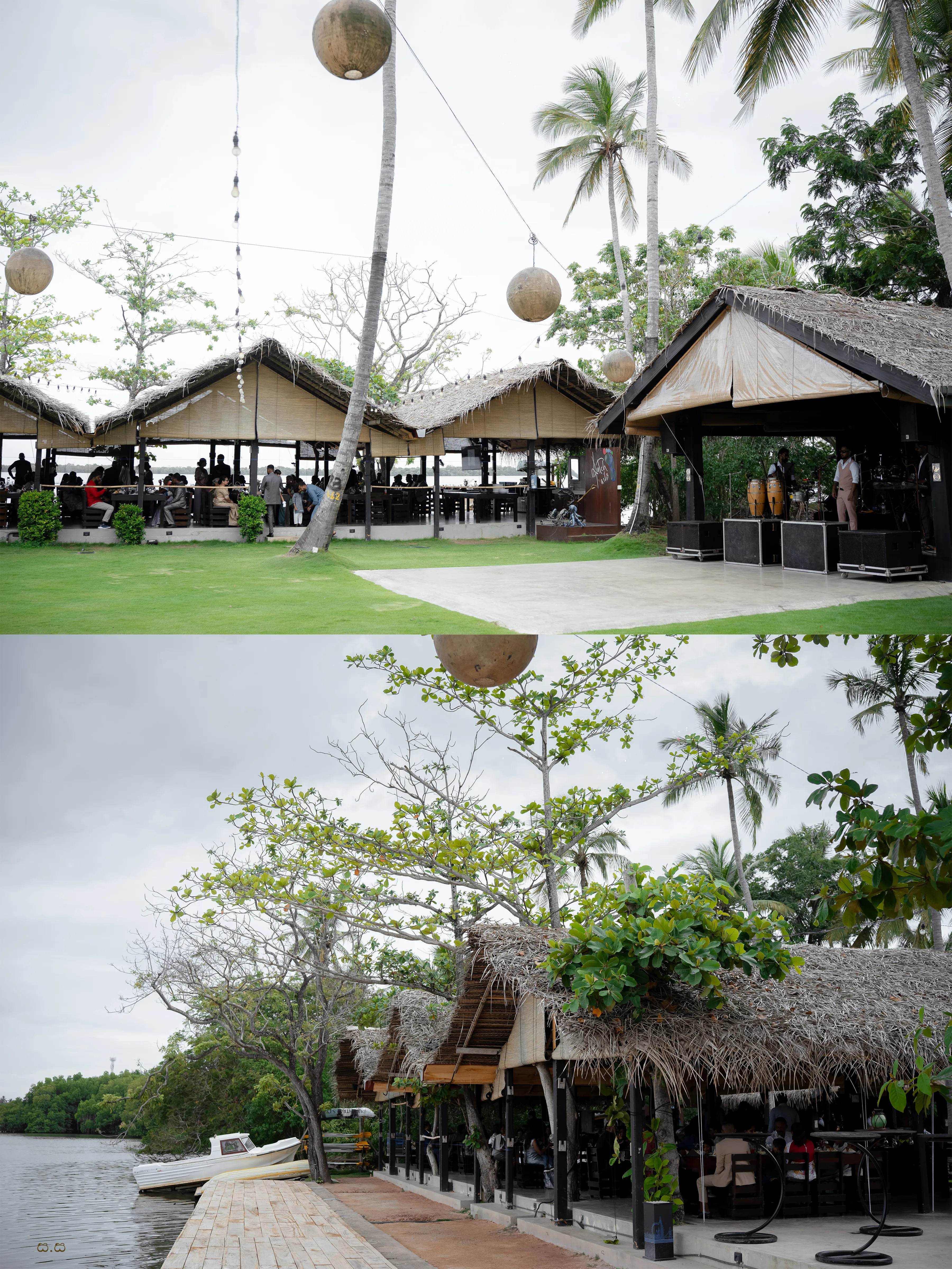 A wide view shows the open-air reception beneath palms and hanging lanterns.