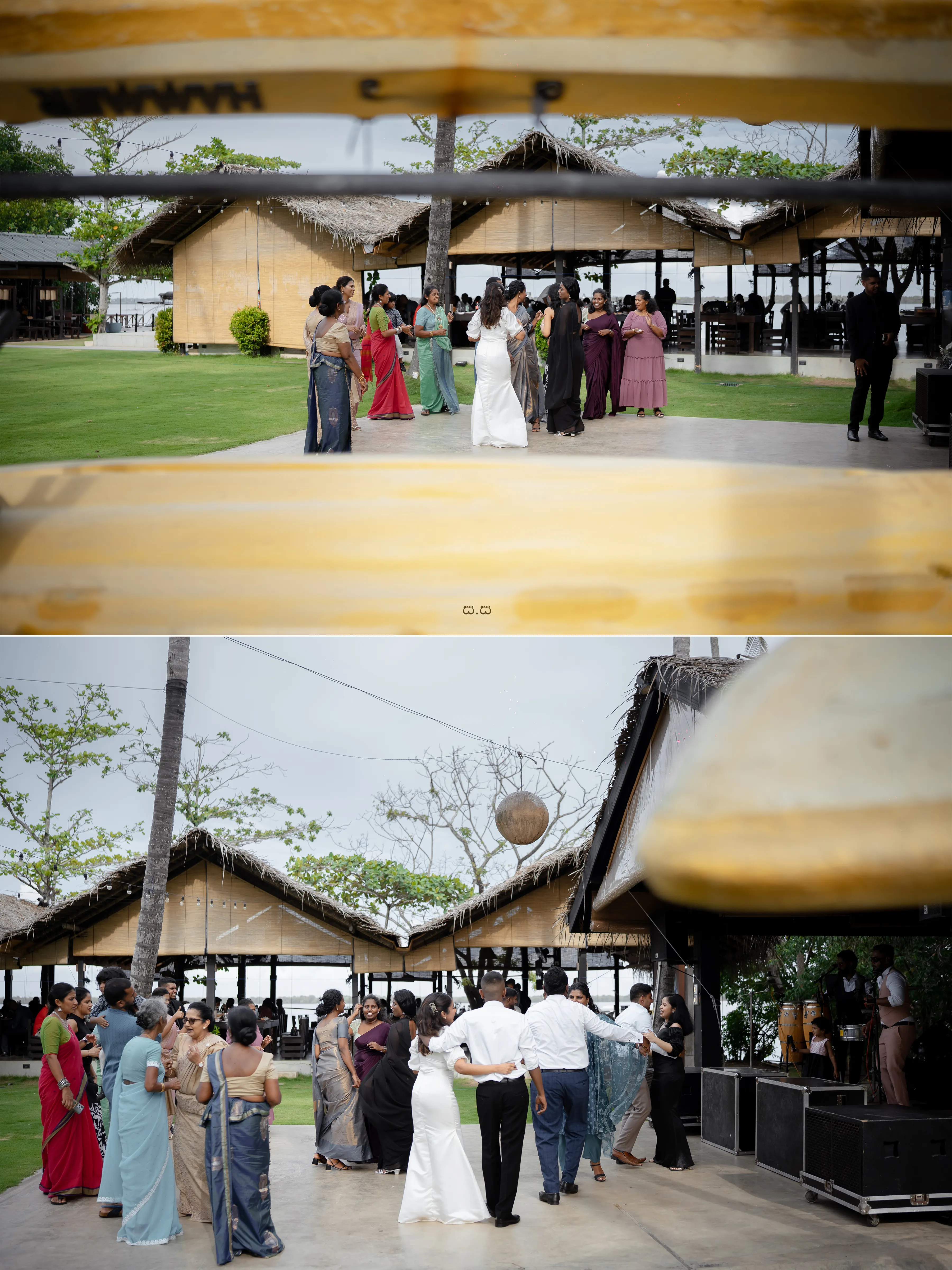 The newlyweds enter a lively garden gathering of family and friends.