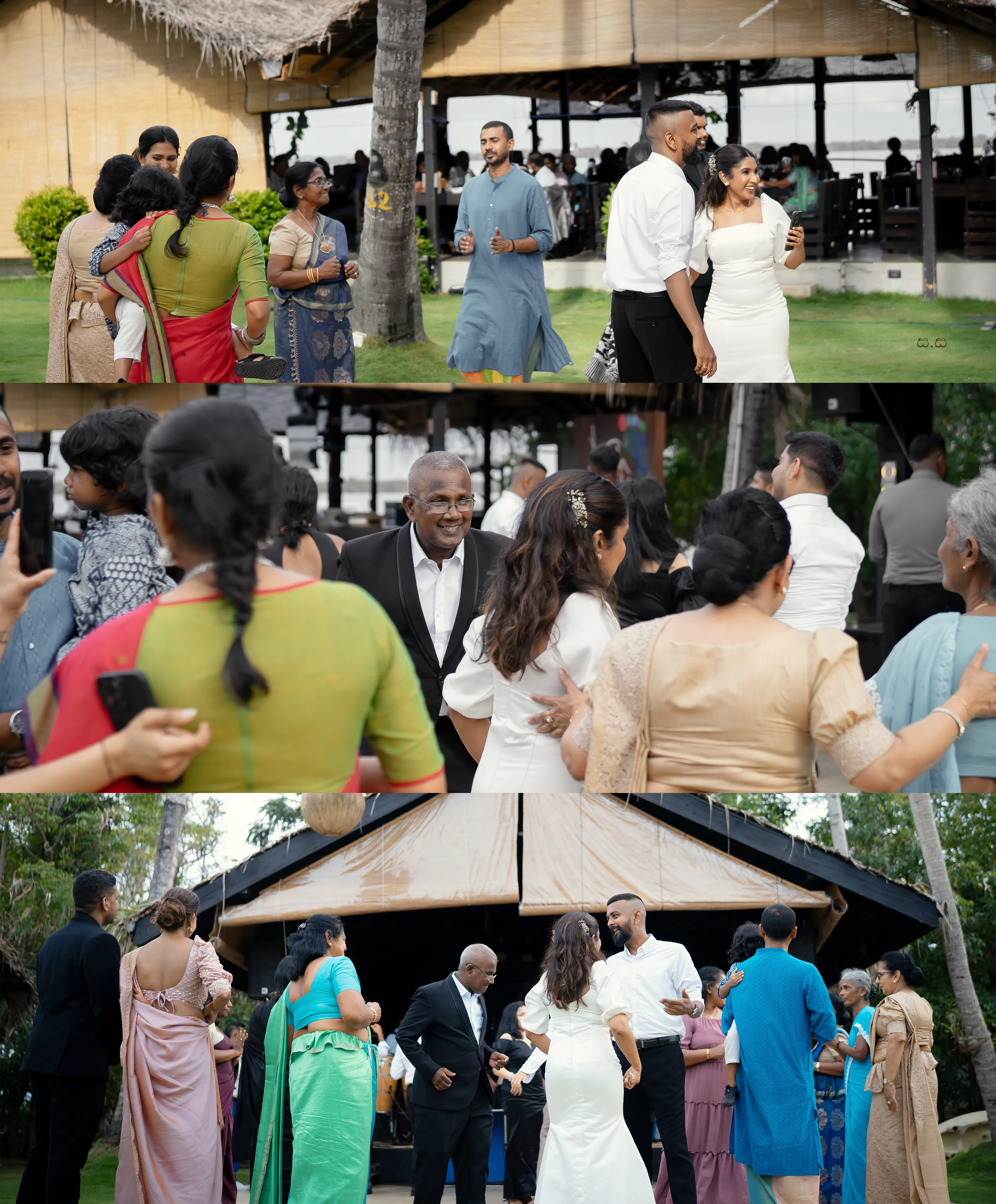 Guests embrace and dance beneath the open-sided garden pavilion.