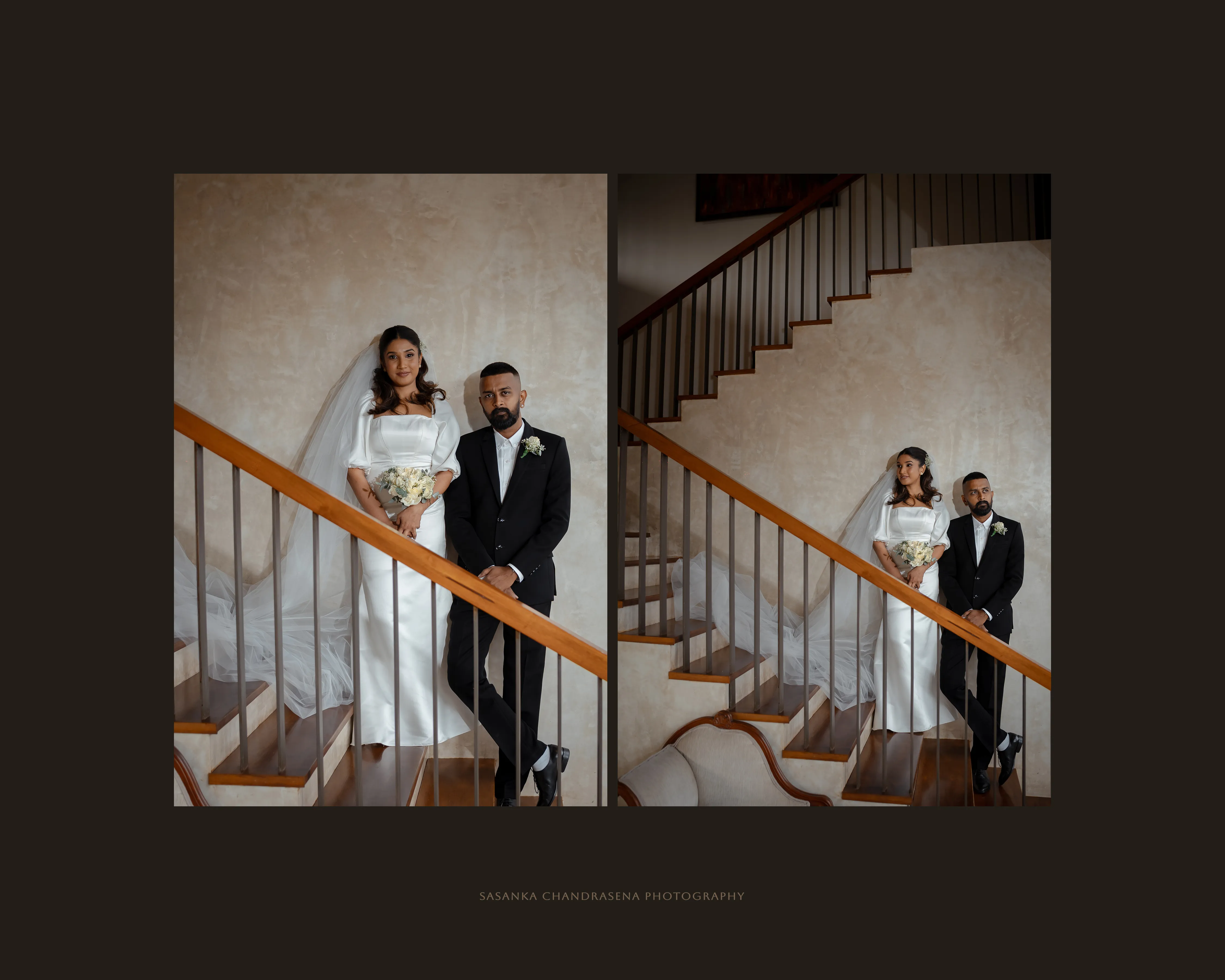 A two-frame story follows the couple as they meet on an interior staircase.