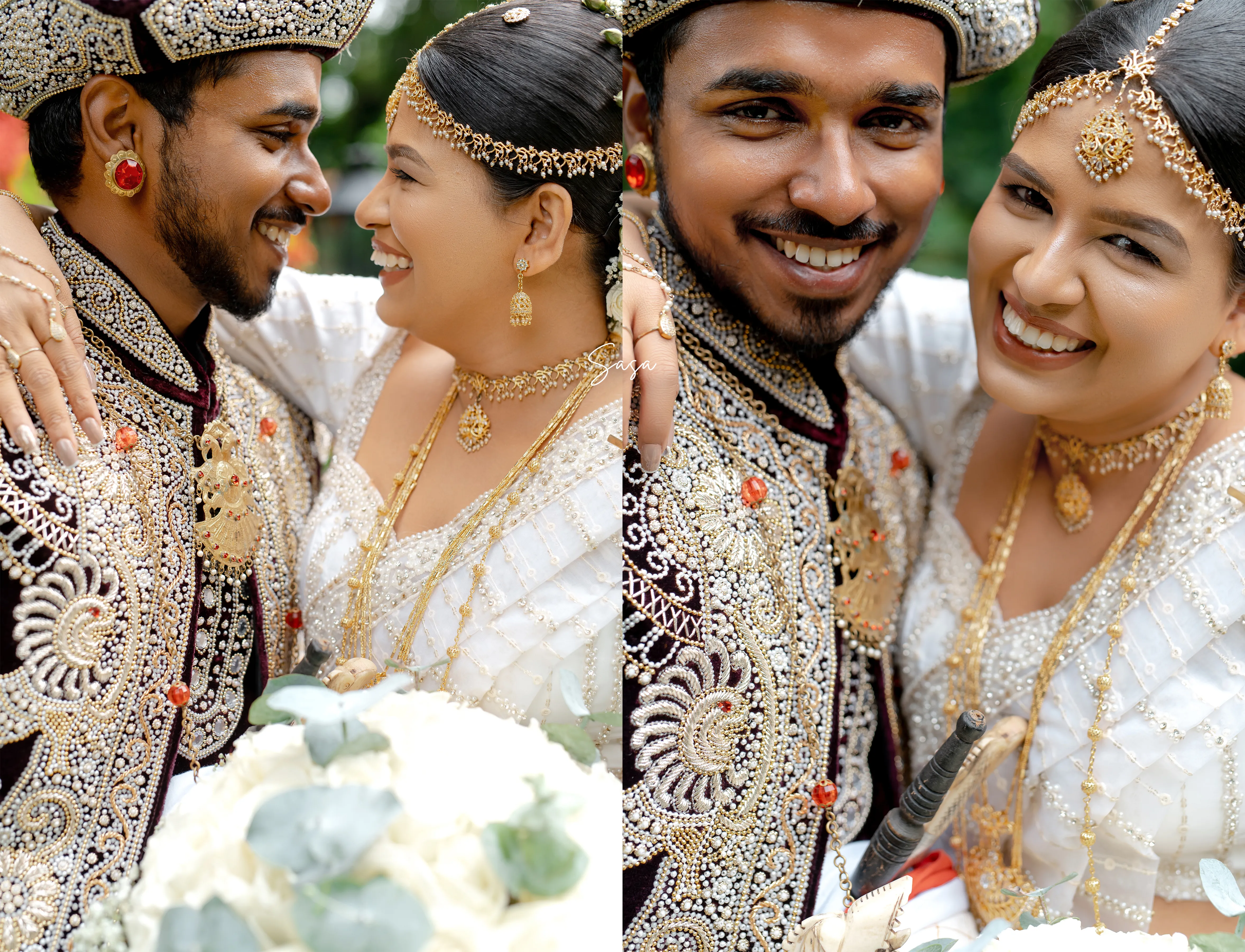 A close sequence captures the couple smiling and laughing in ceremonial dress.