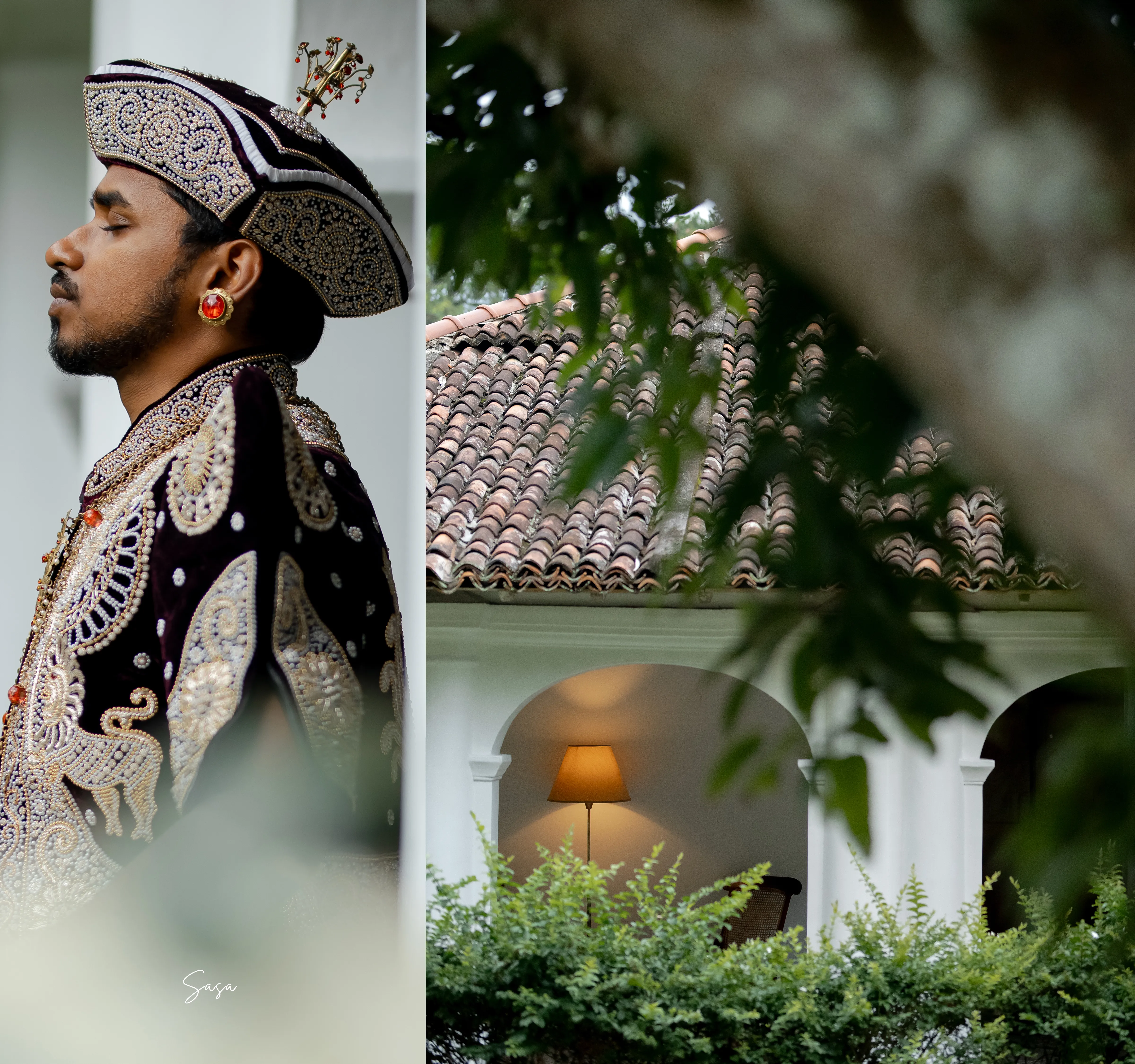 A layered portrait pairs Bhashana’s embroidered attire with the heritage architecture.