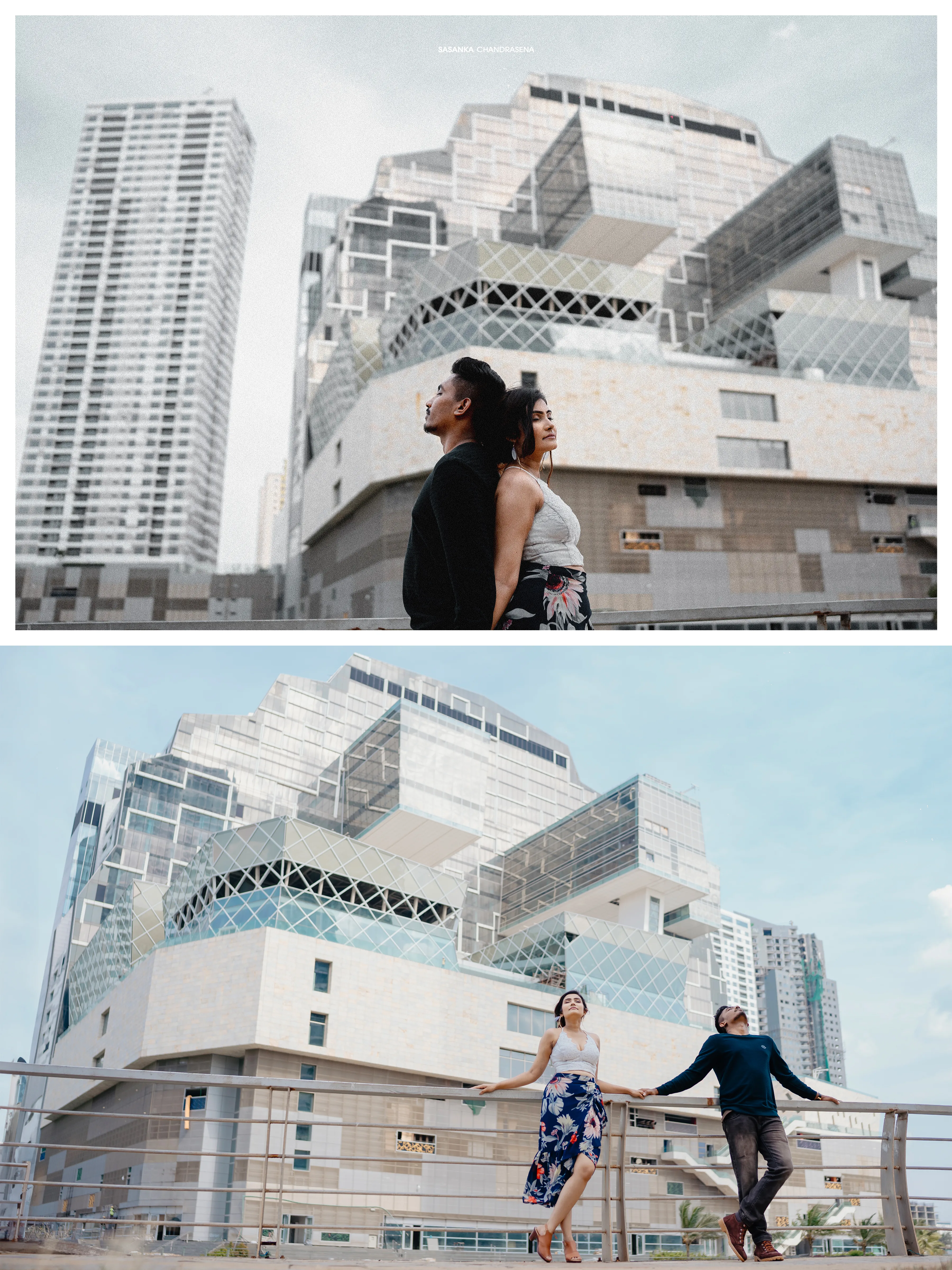 Sanka and Warunima stand beneath angular city architecture near the shore.