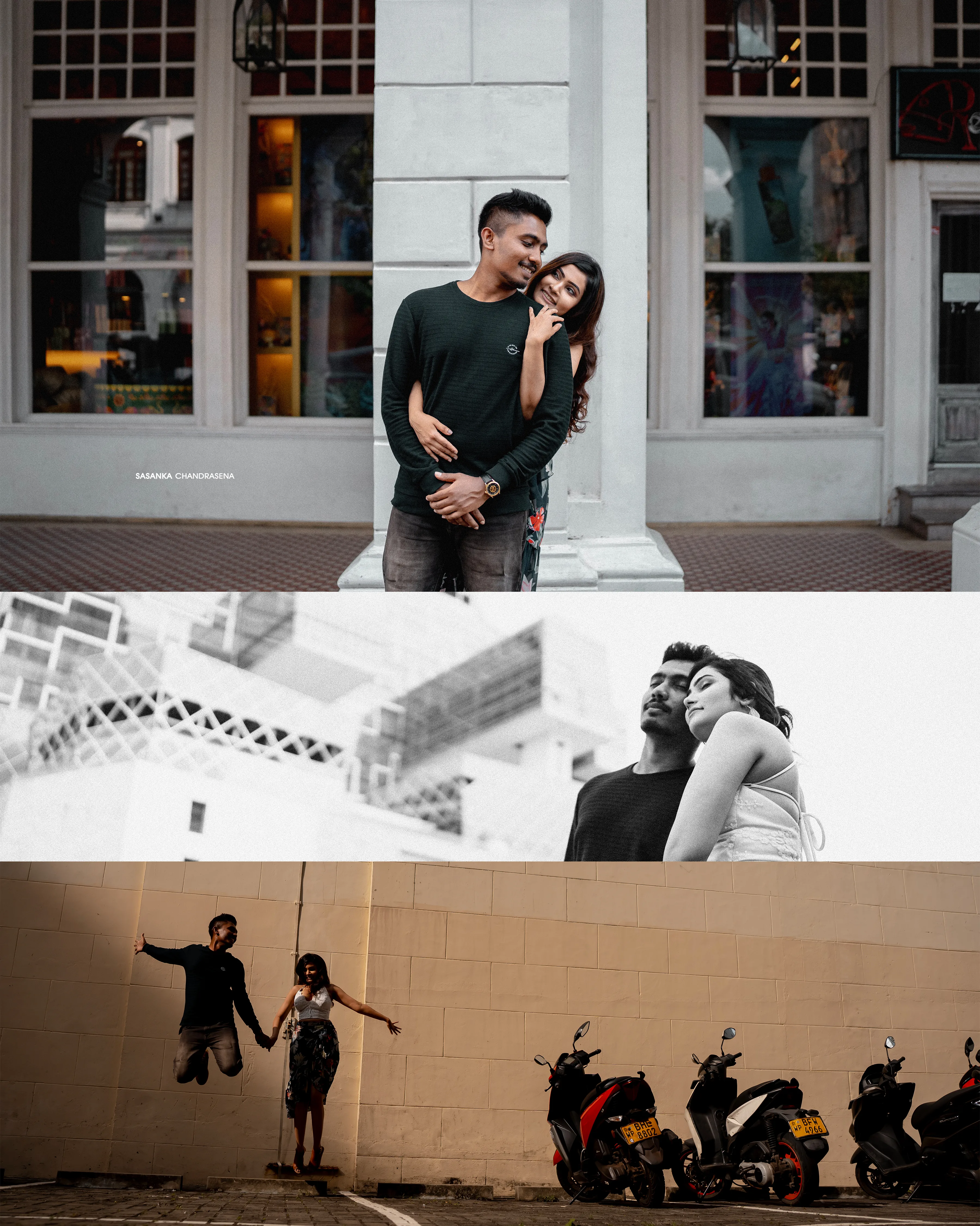 A collage places the couple against bold concrete and geometric architecture.