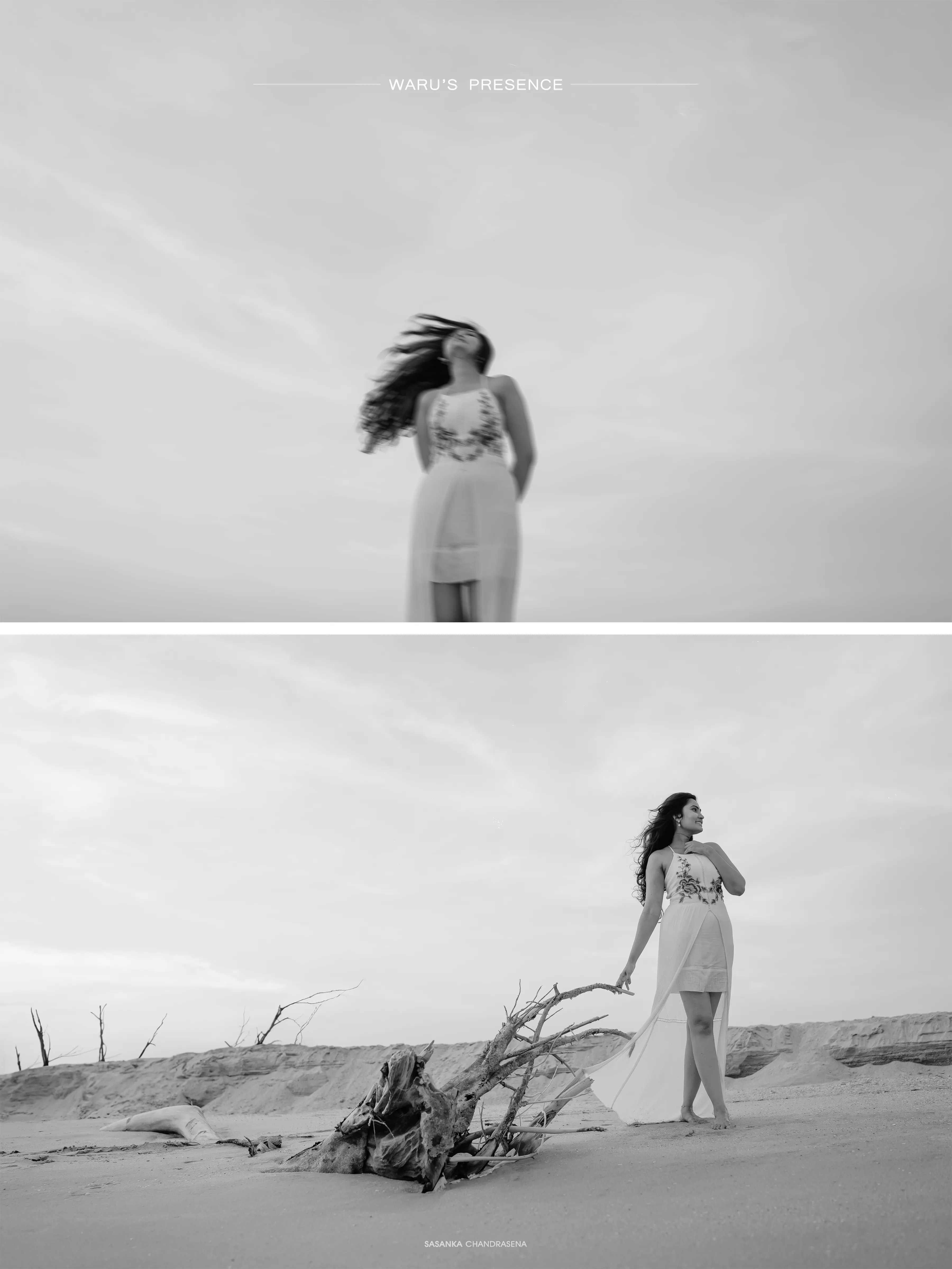 A two-frame black-and-white study captures Warunima turning in the sea breeze.
