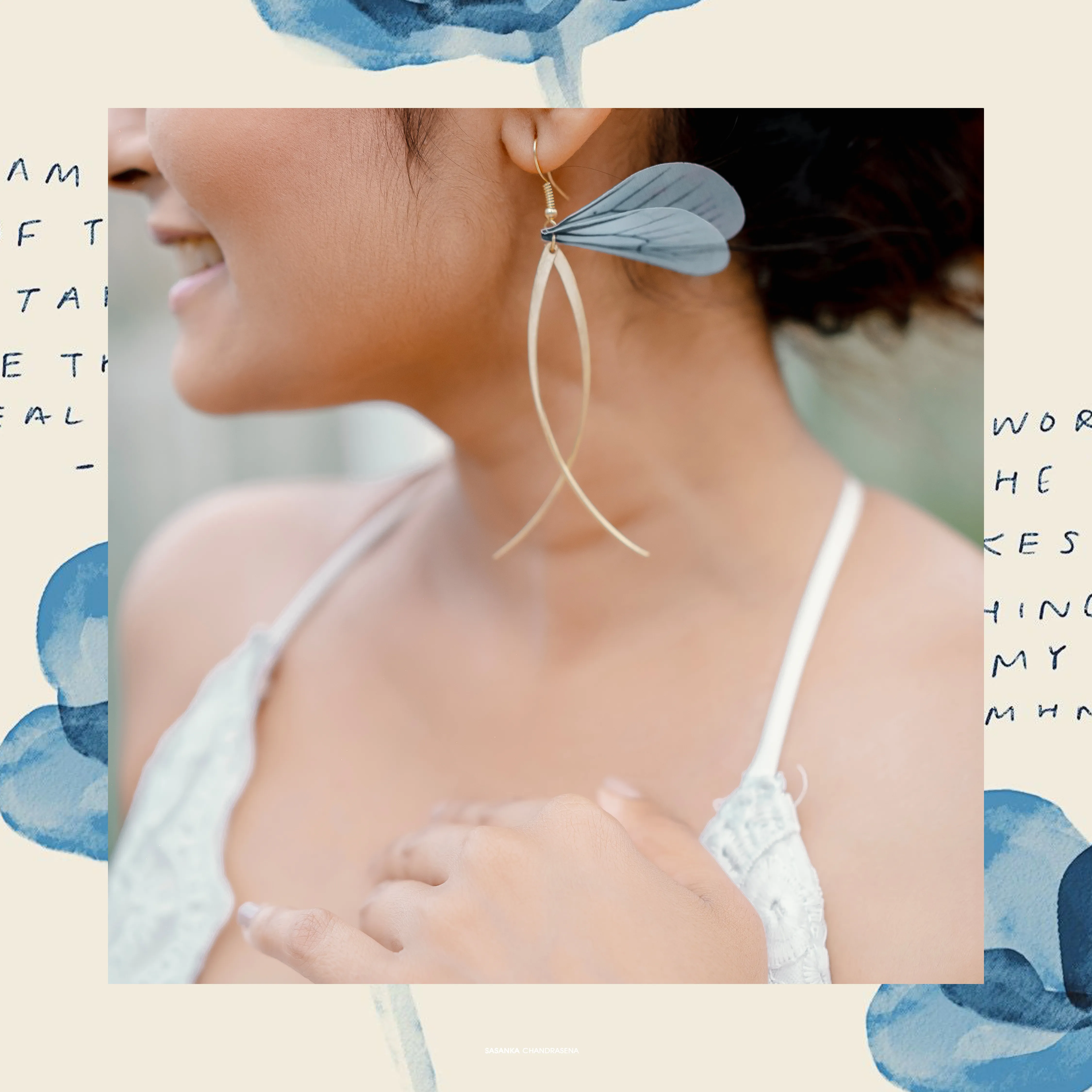 A graphic close-up highlights Warunima’s shell earring and coastal styling.