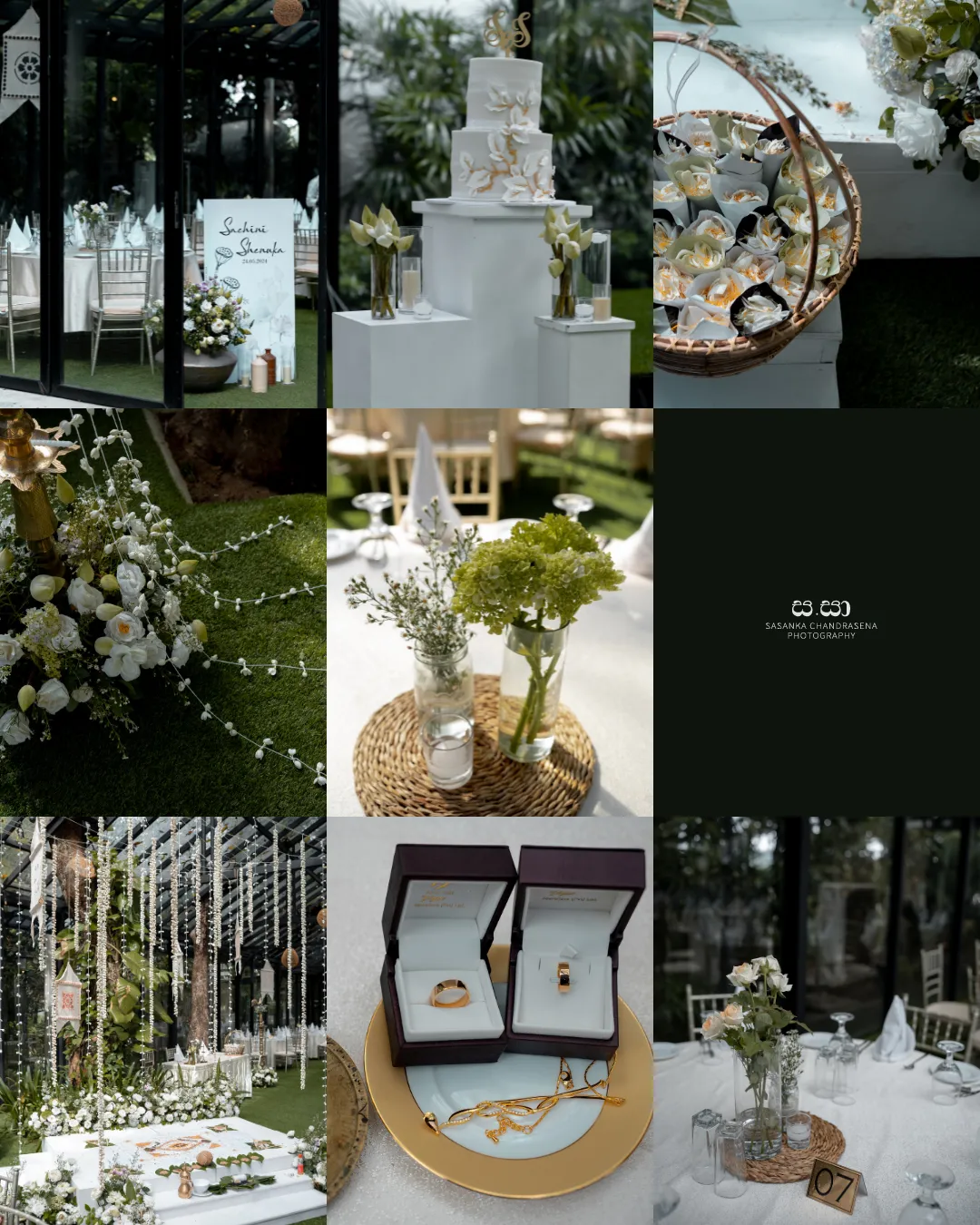 A collage presents white flowers, glassware, rings, and reception stationery.