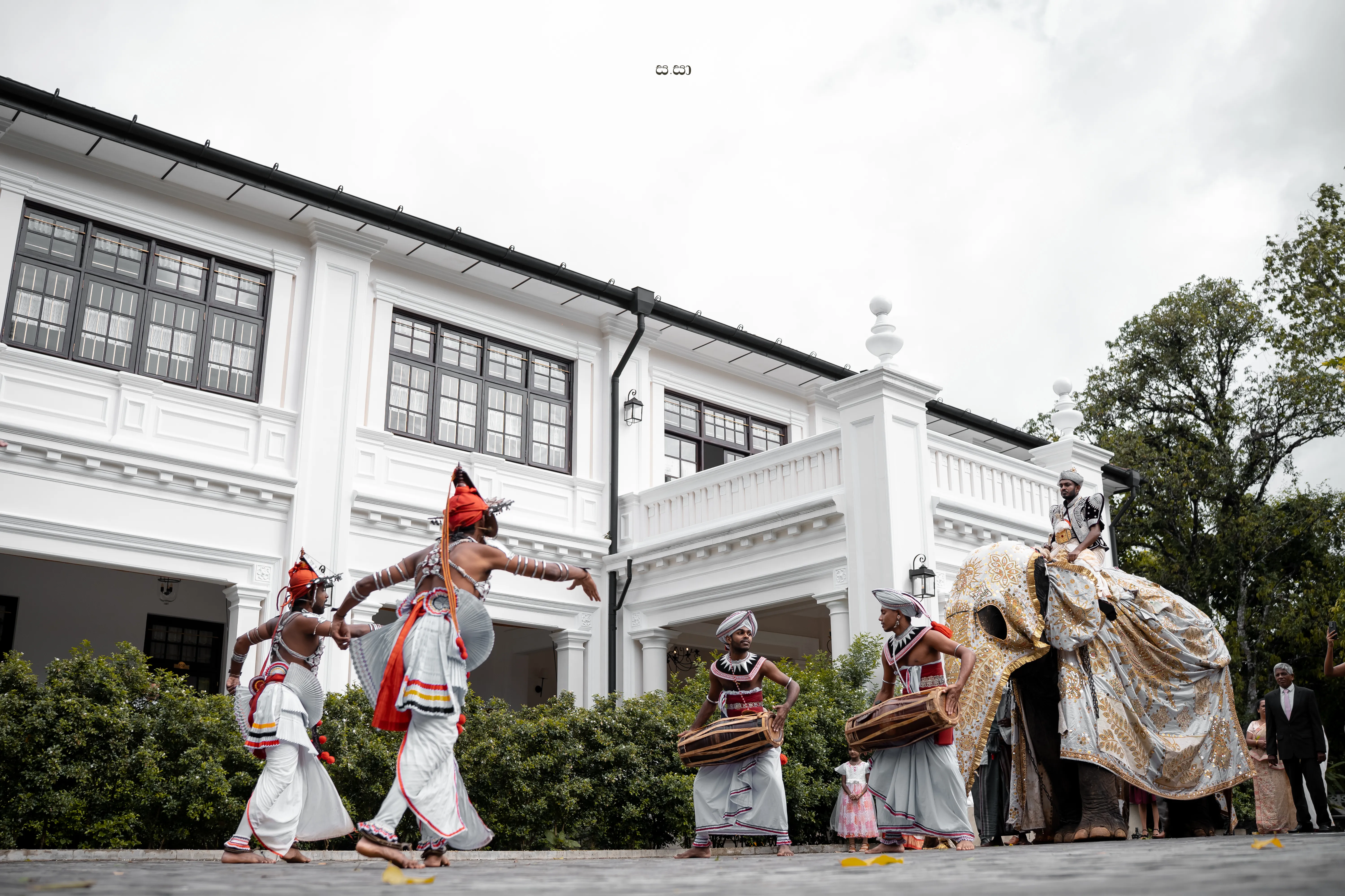 Dancers and ceremonial performers lead the celebration outside the white manor.