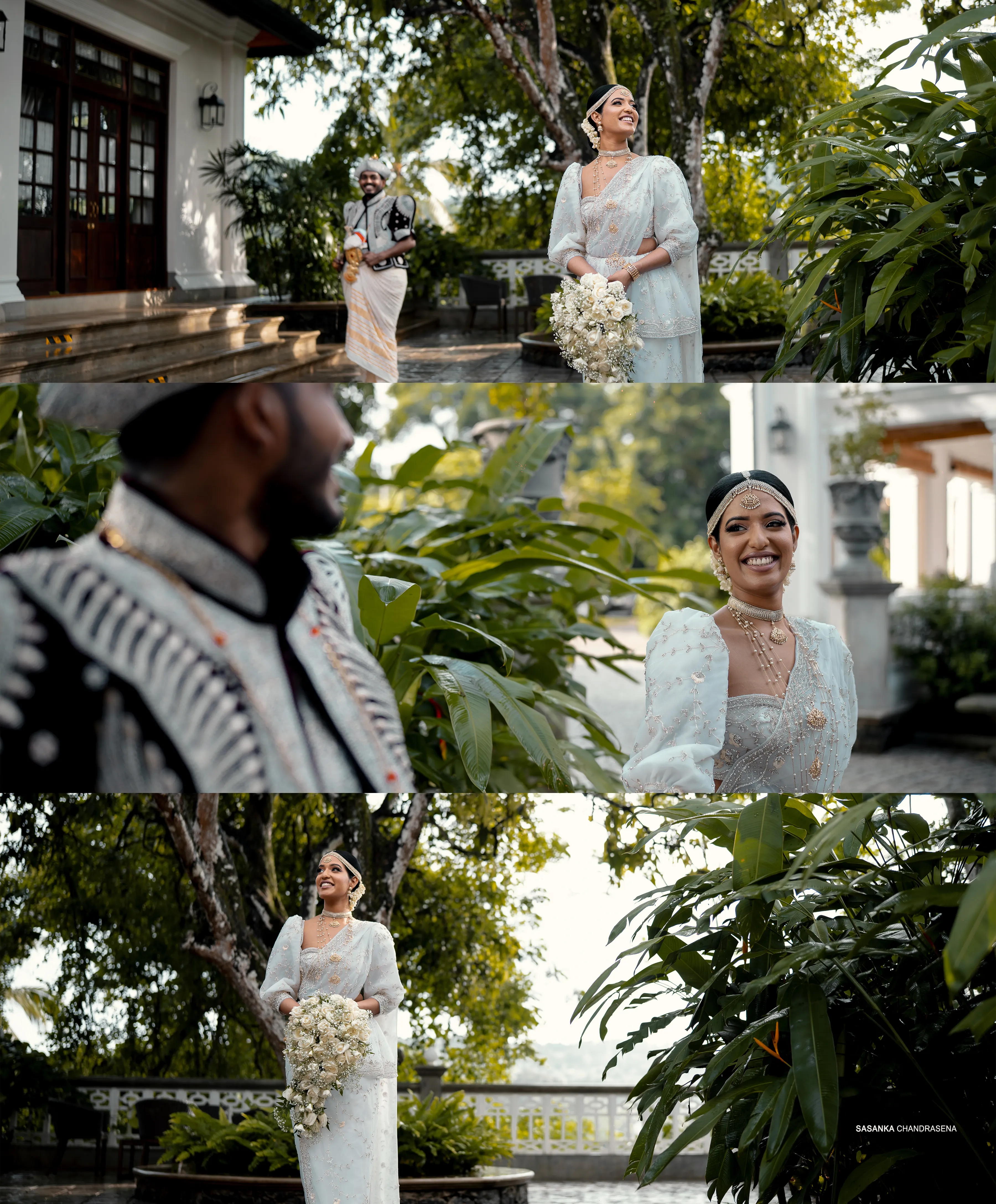 Two outdoor frames show Sachini smiling with her ivory bouquet.