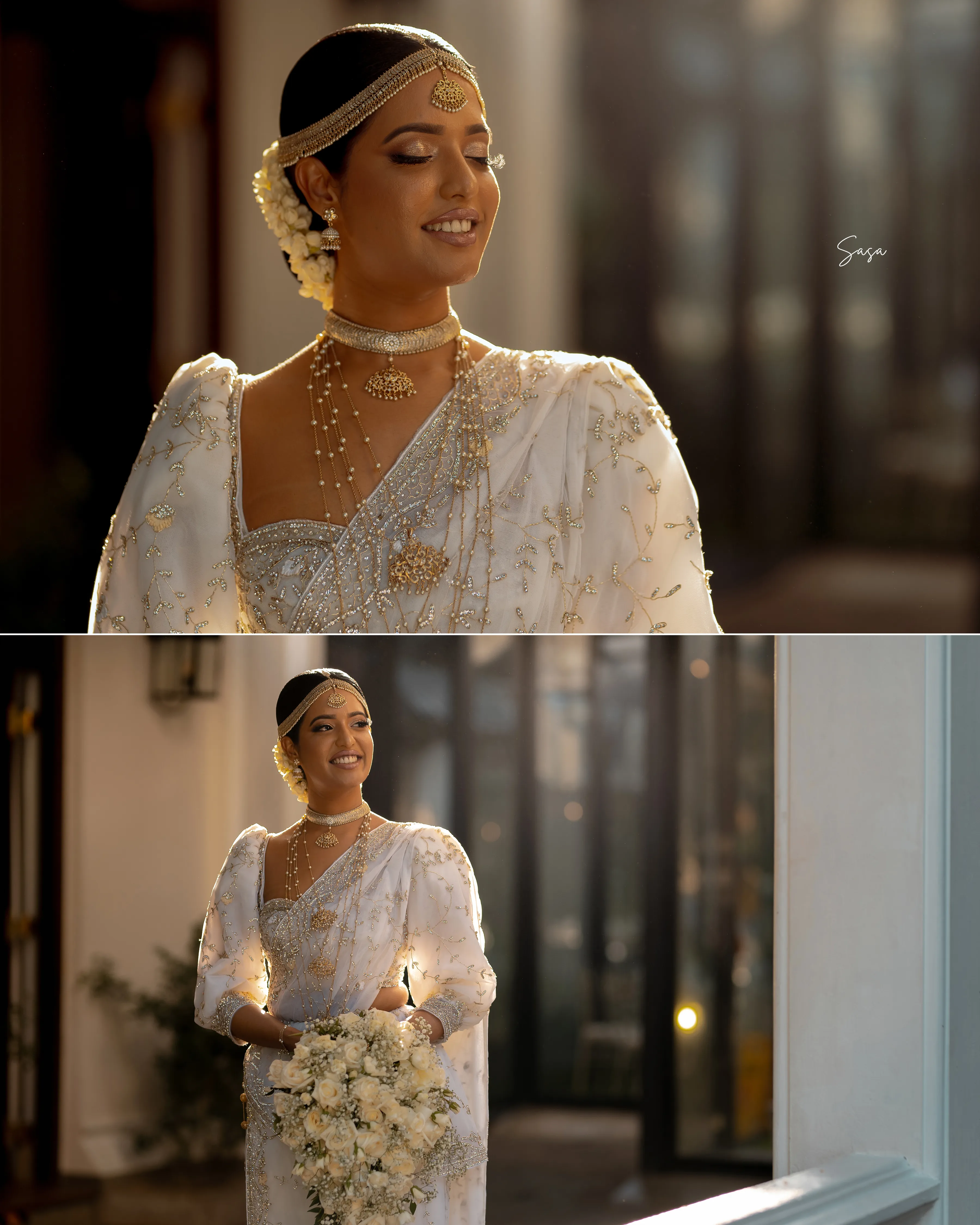 A layered sequence captures Sachini with her bouquet indoors and by a window.