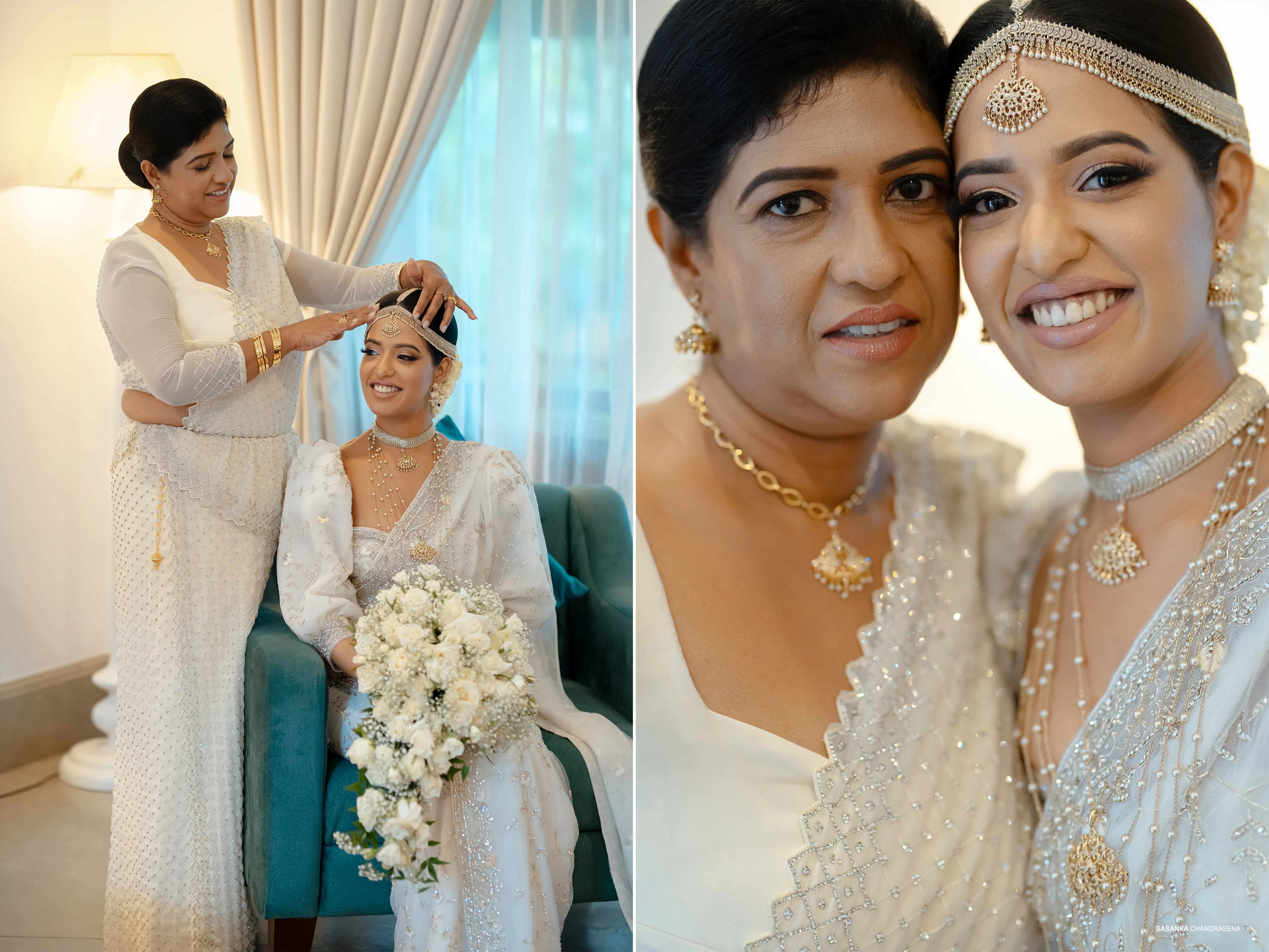 A loved one helps with Sachini’s veil before they smile together.
