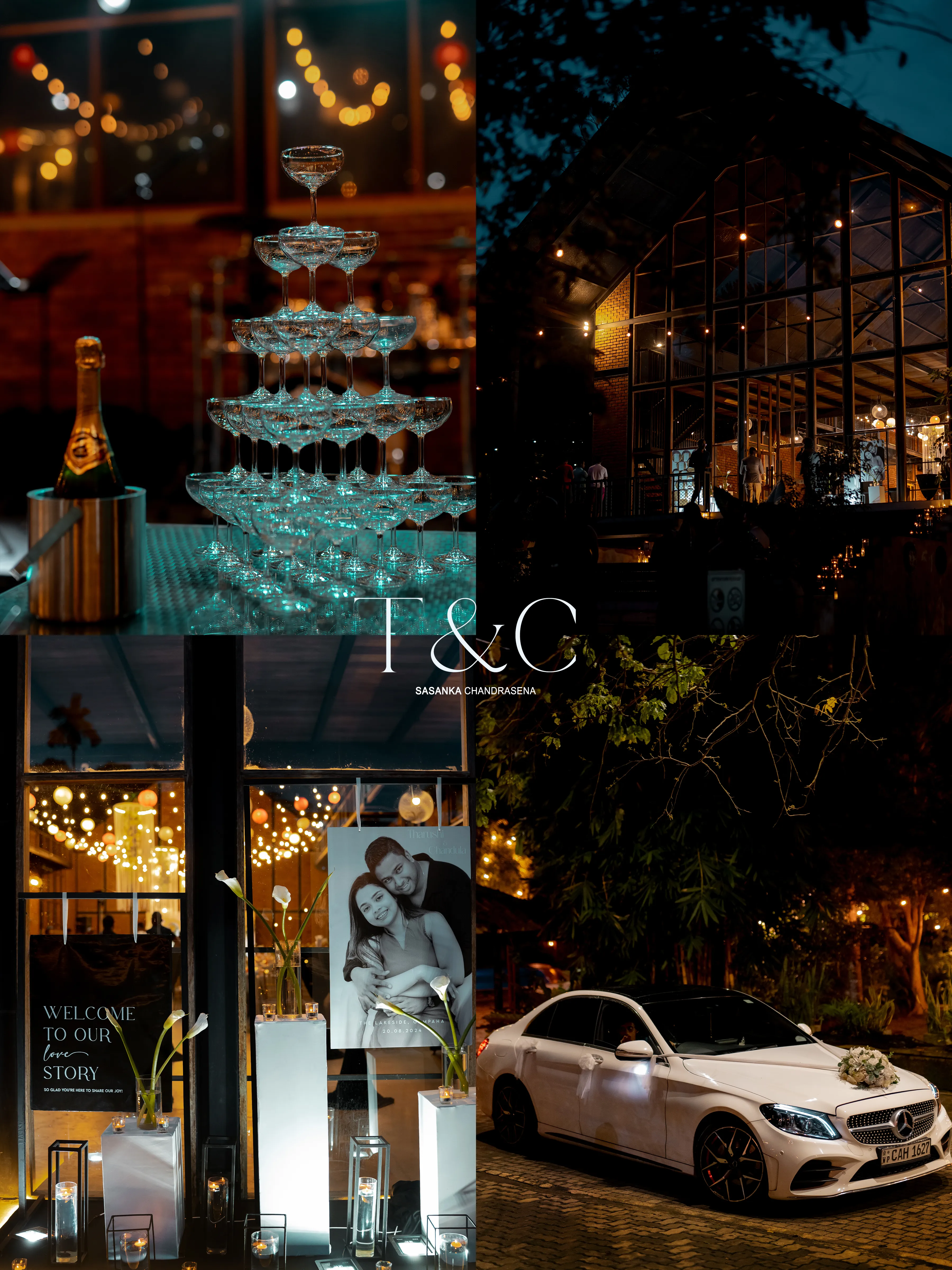 A collage pairs the illuminated venue with the couple’s white arrival car.
