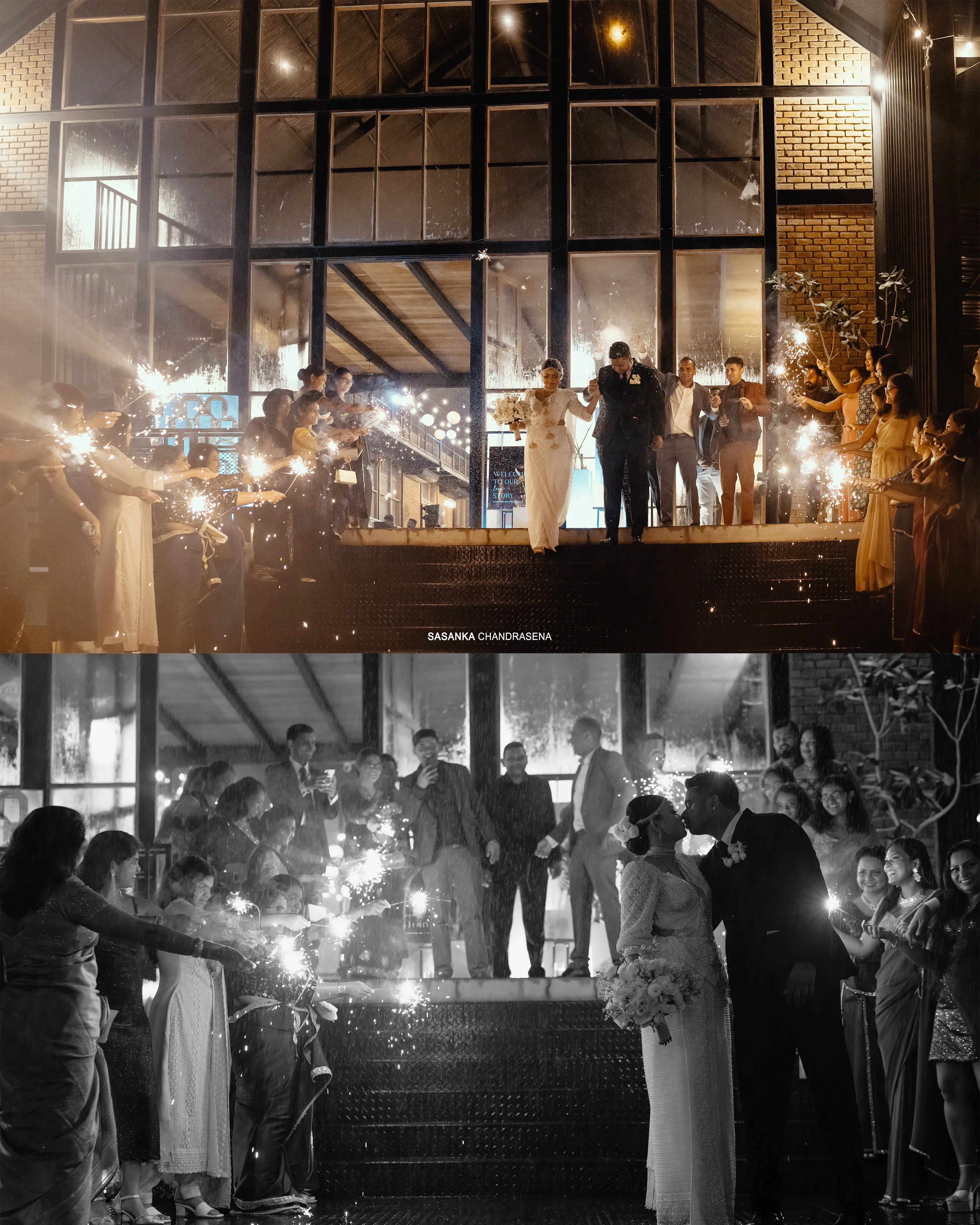 Tharu and Chandula enter the reception through a corridor of golden sparklers.