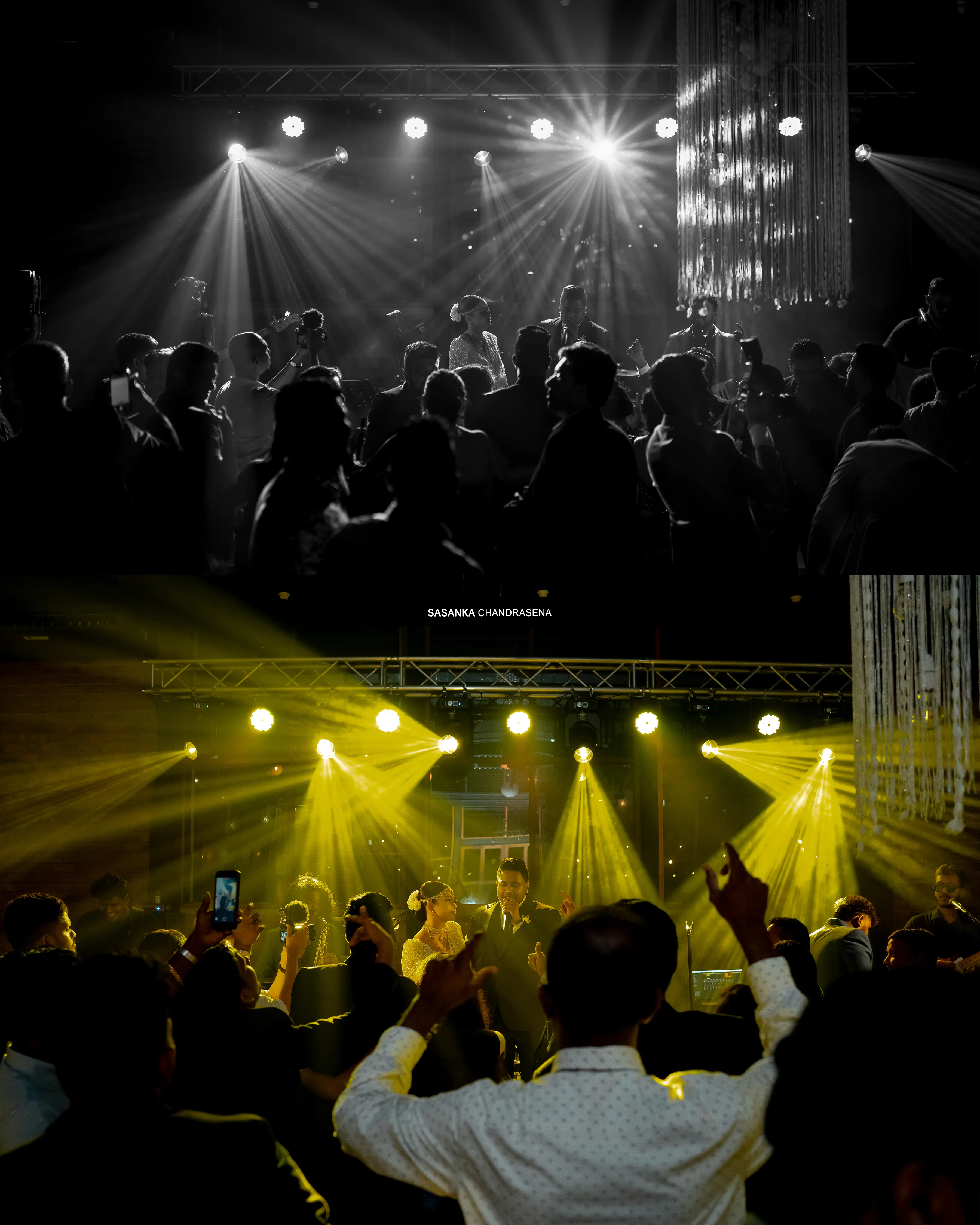 Guests fill the dance floor beneath vivid green stage lights.