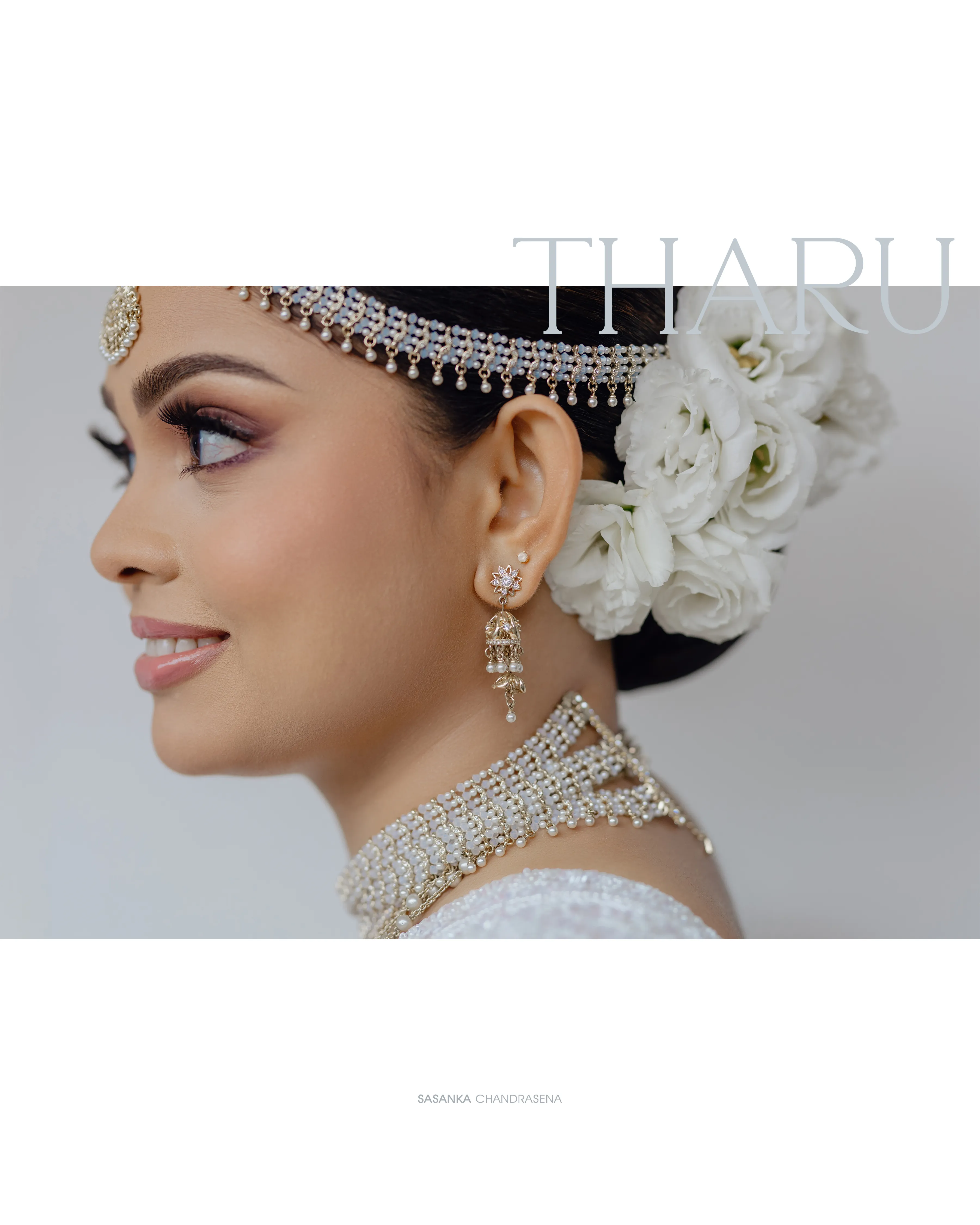 A paired beauty portrait highlights Tharu’s flowers, headpiece, and jewelry.
