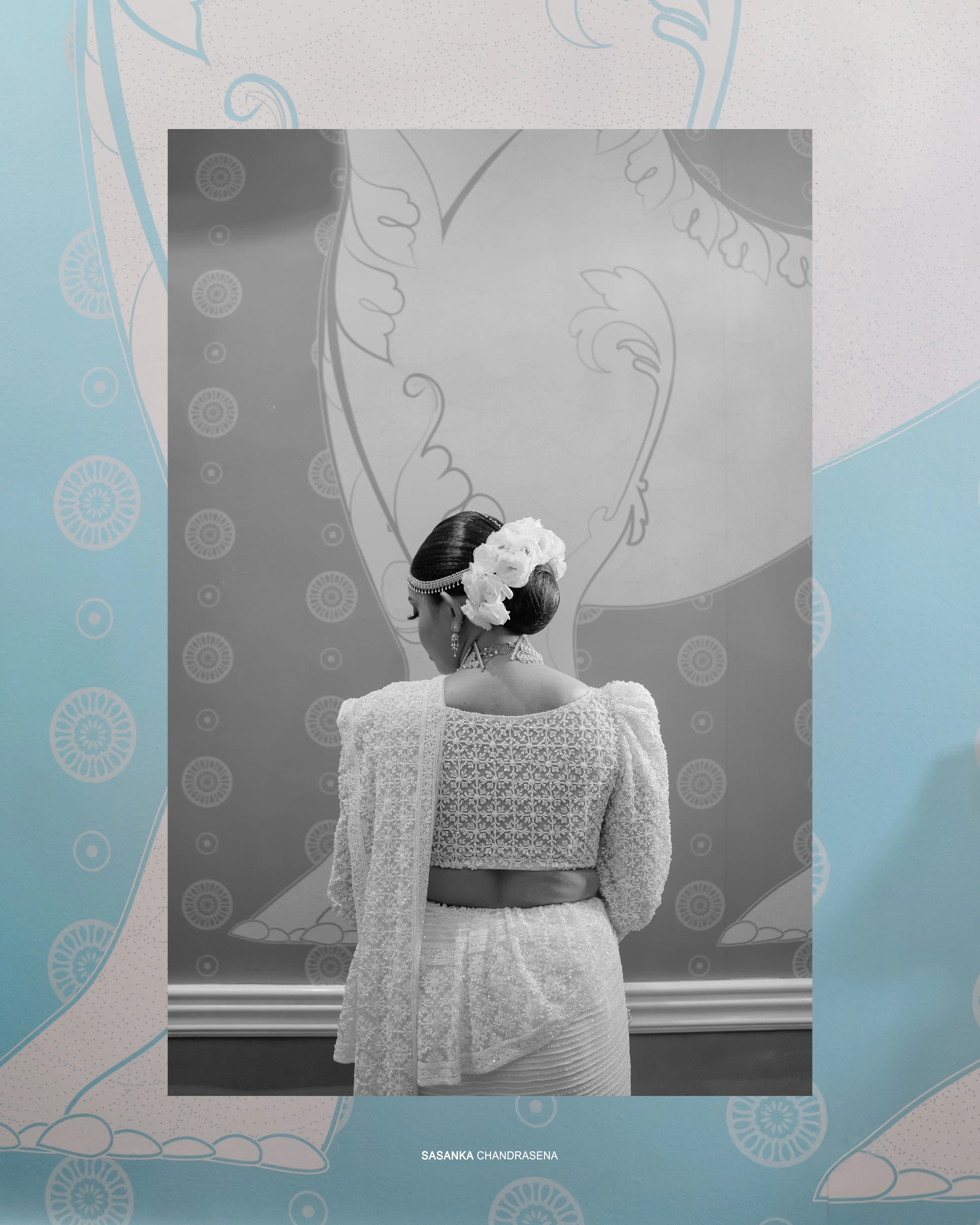 A monochrome editorial view reveals the intricate back of Tharu’s bridal jacket.